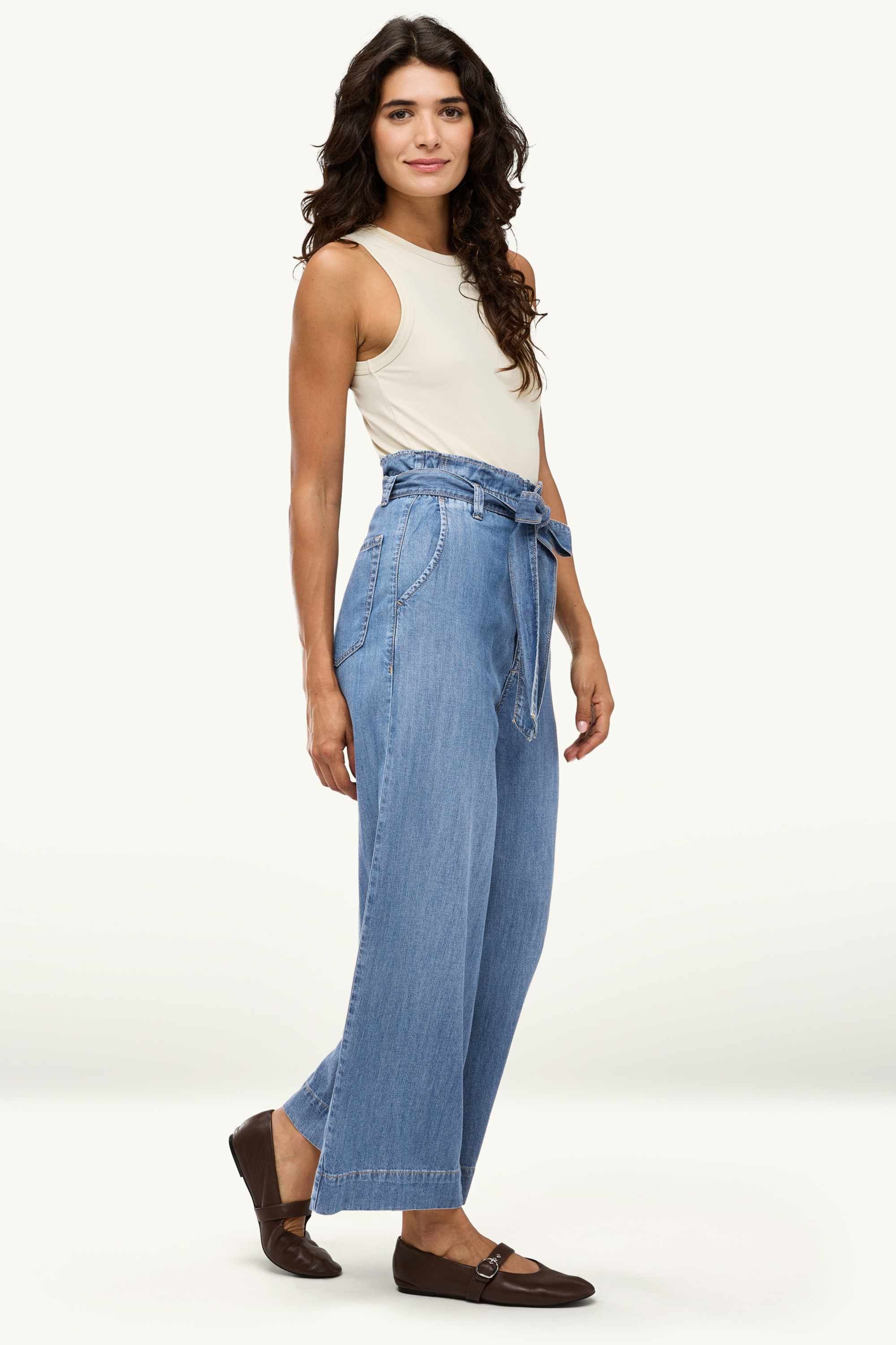 Cropped paper bag jeans - high waist - wide leg blue denim