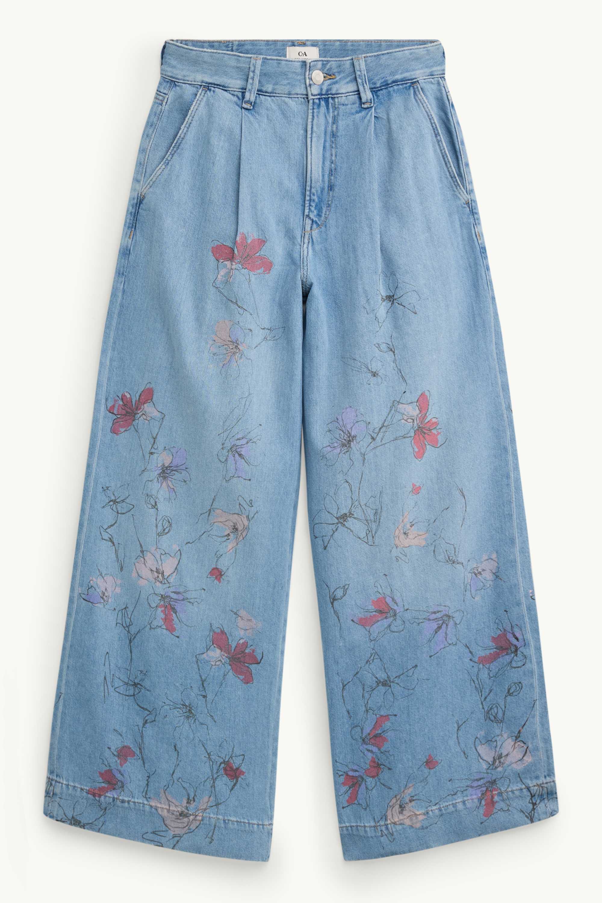 Wide leg jeans - mid-rise waist - floral blue denim