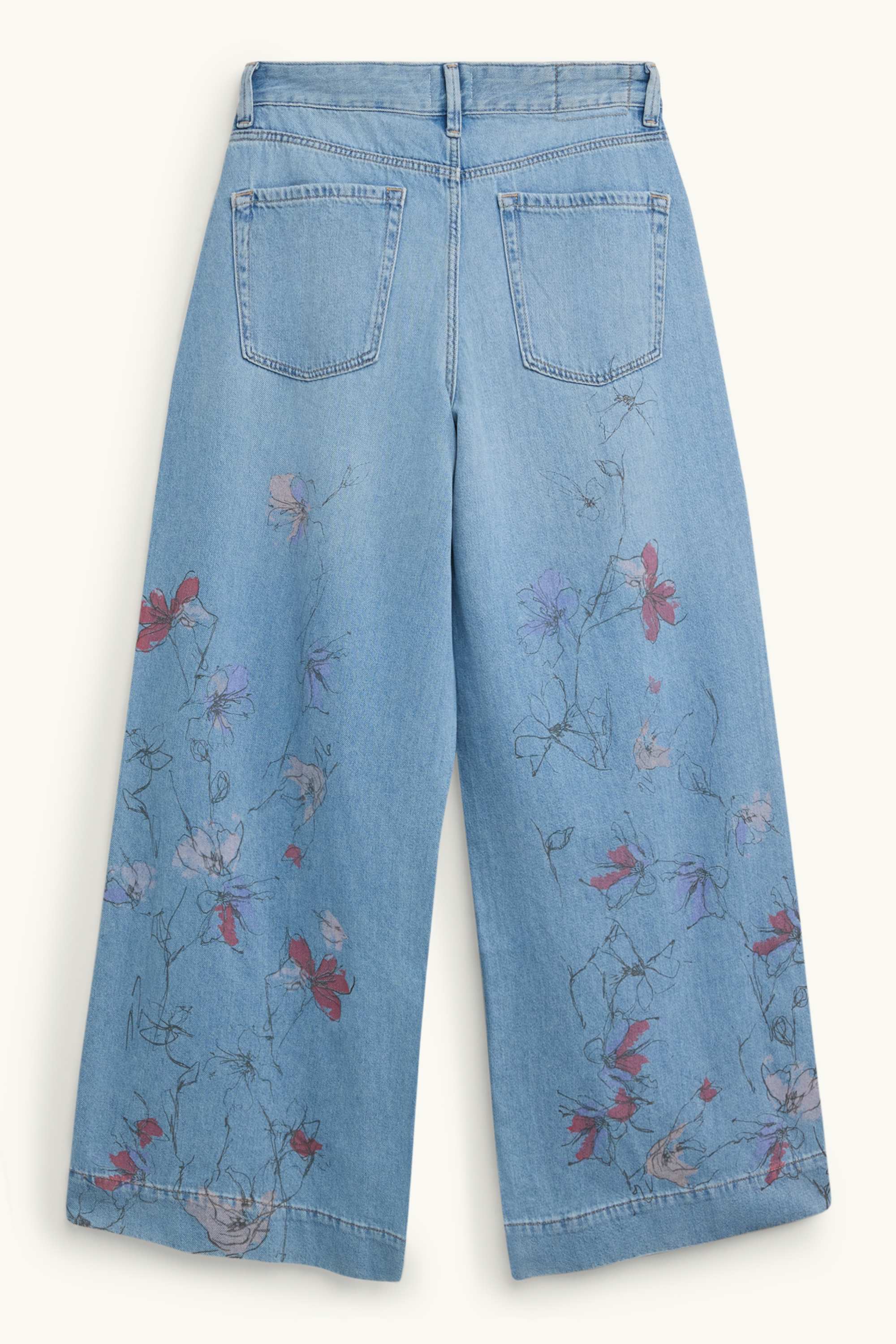 Wide leg jeans - mid-rise waist - floral blue denim