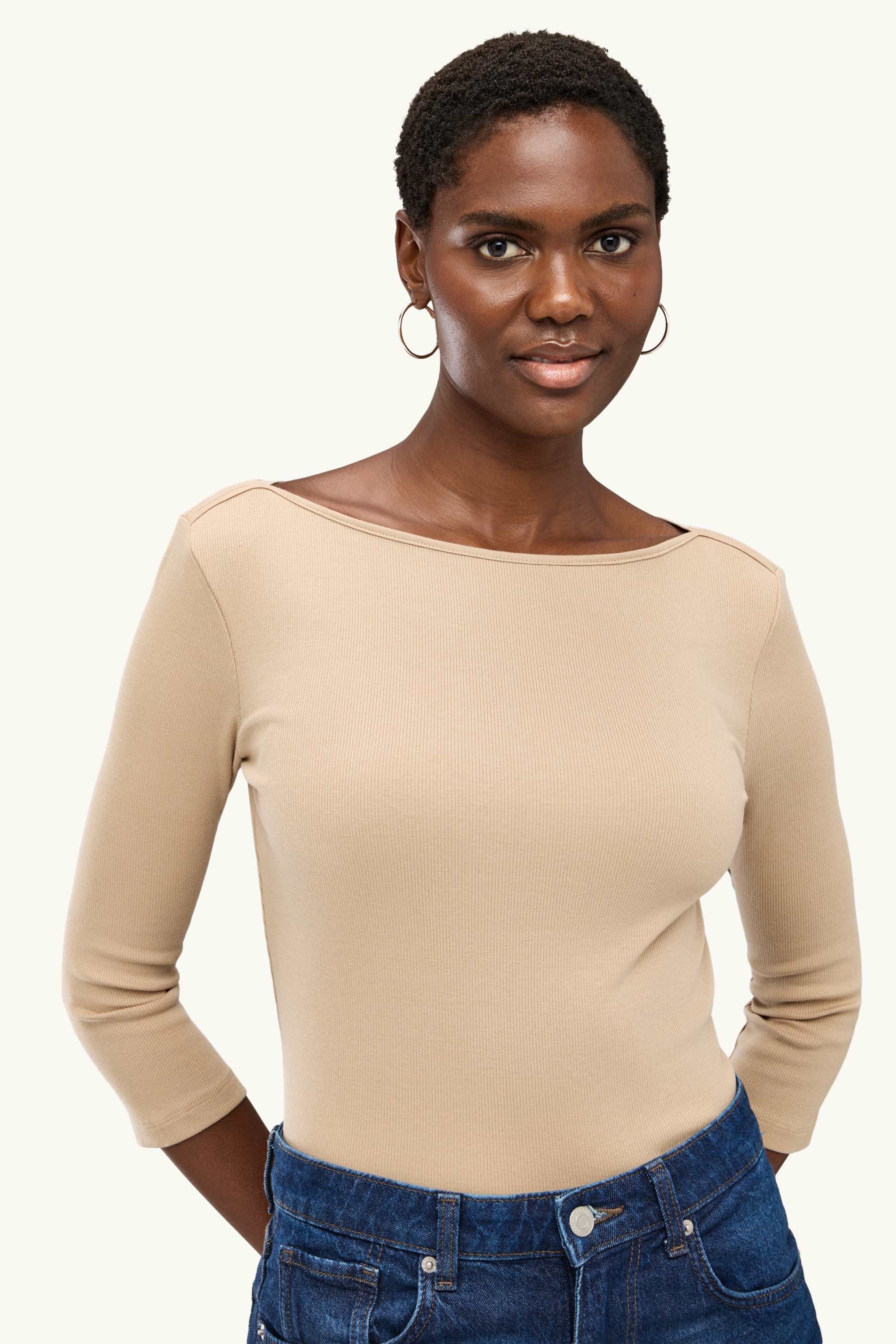 Long sleeve top - slim fit - ribbed nougat coloured