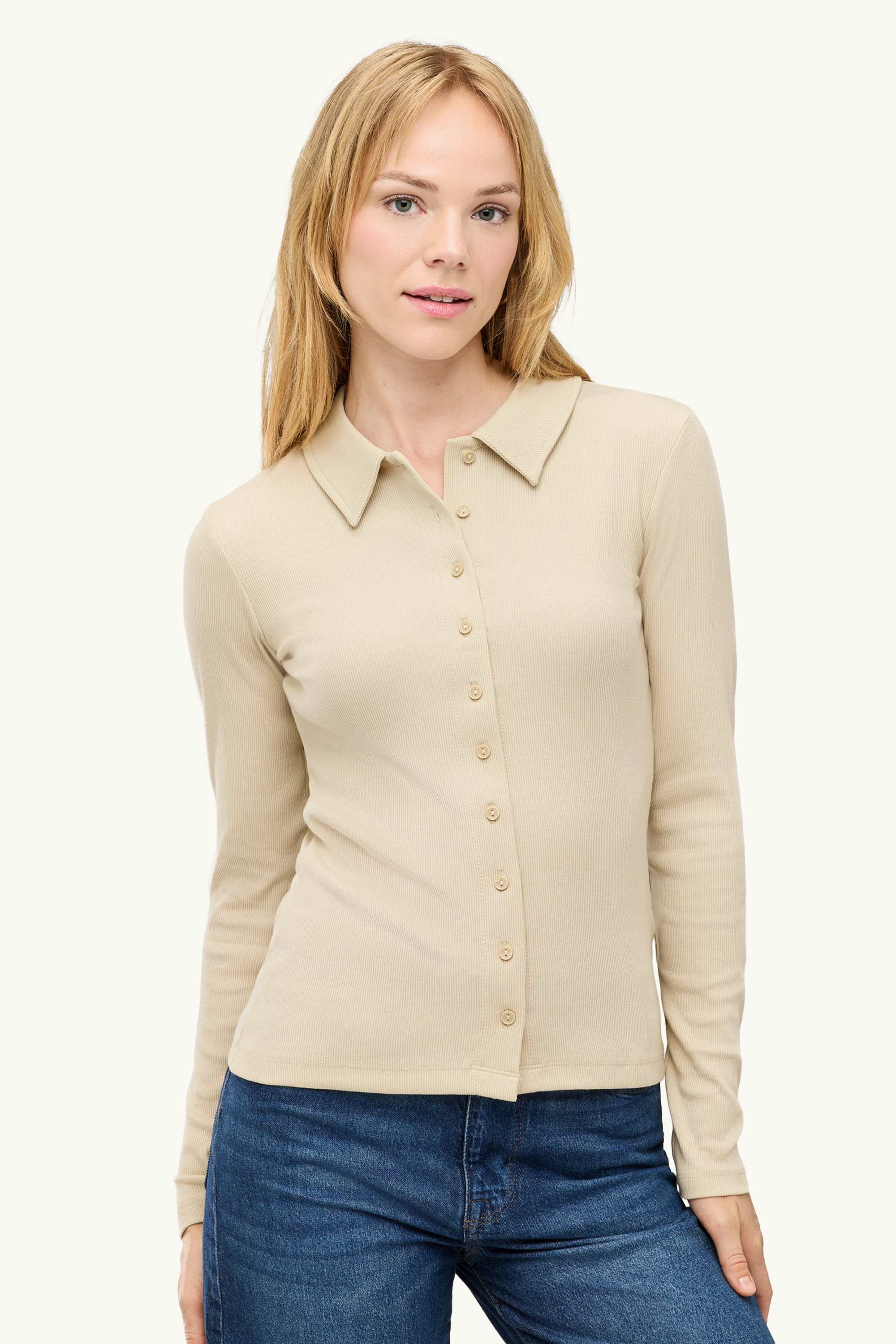 Long sleeve top - regular fit - ribbed beige