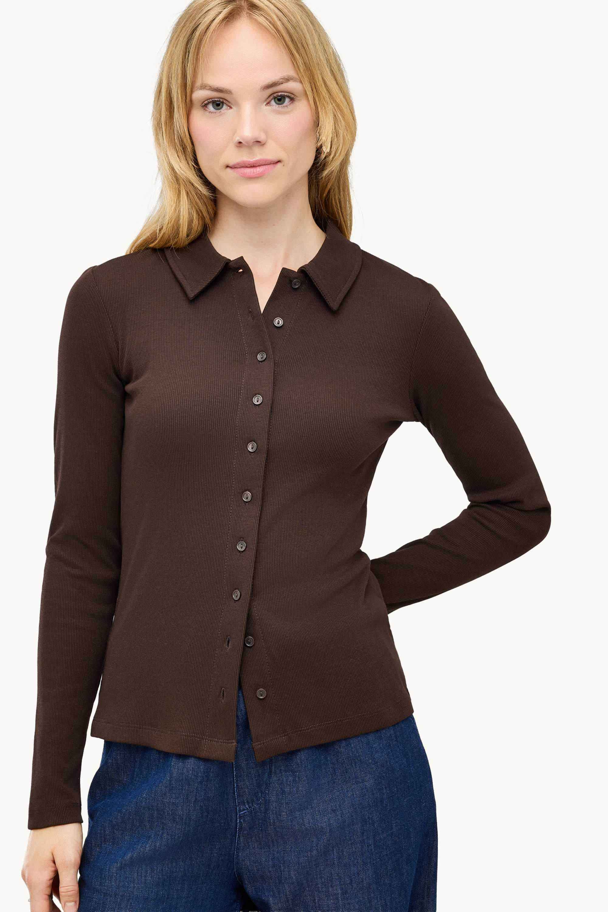 Long sleeve top - regular fit - ribbed dark brown