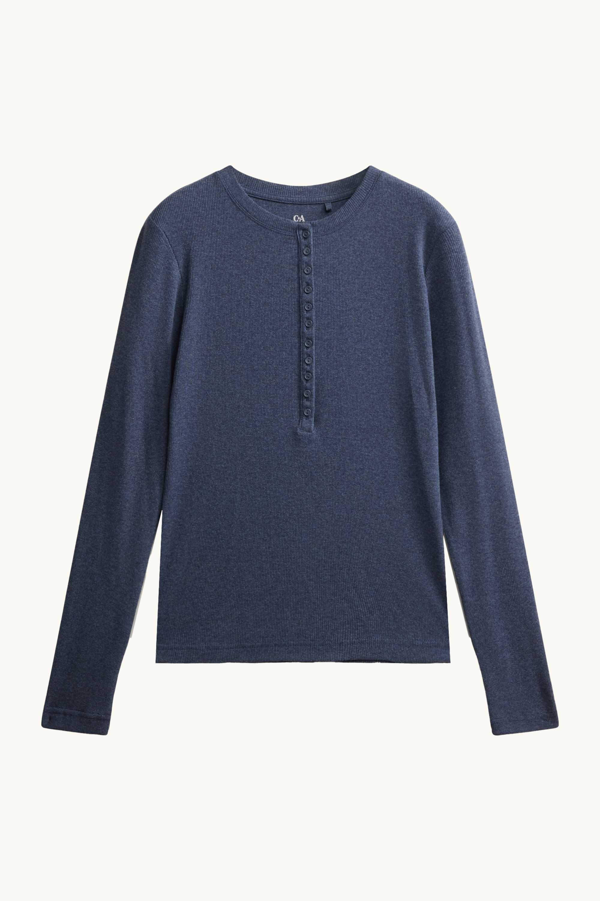 Henley T-shirt - slim fit - ribbed dark blue