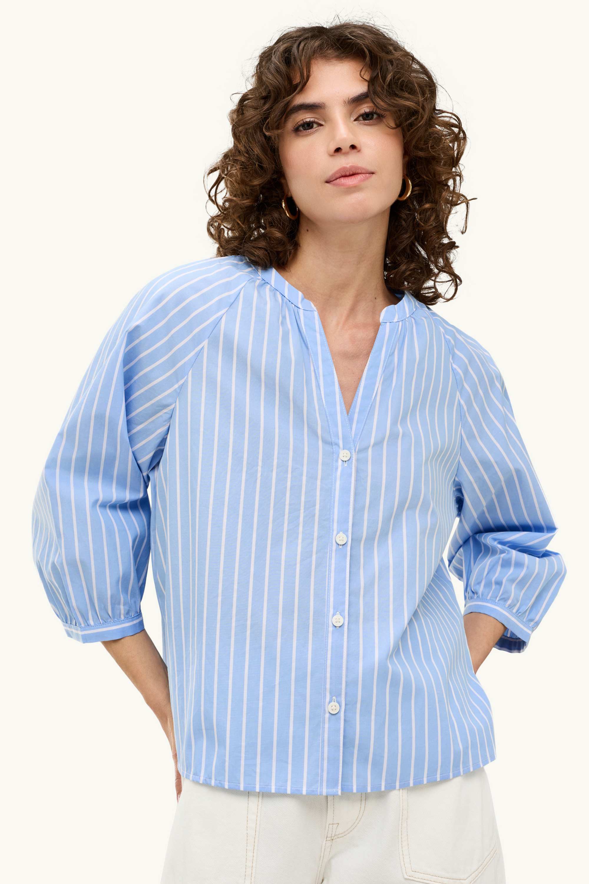 V-neck blouse - striped light blue