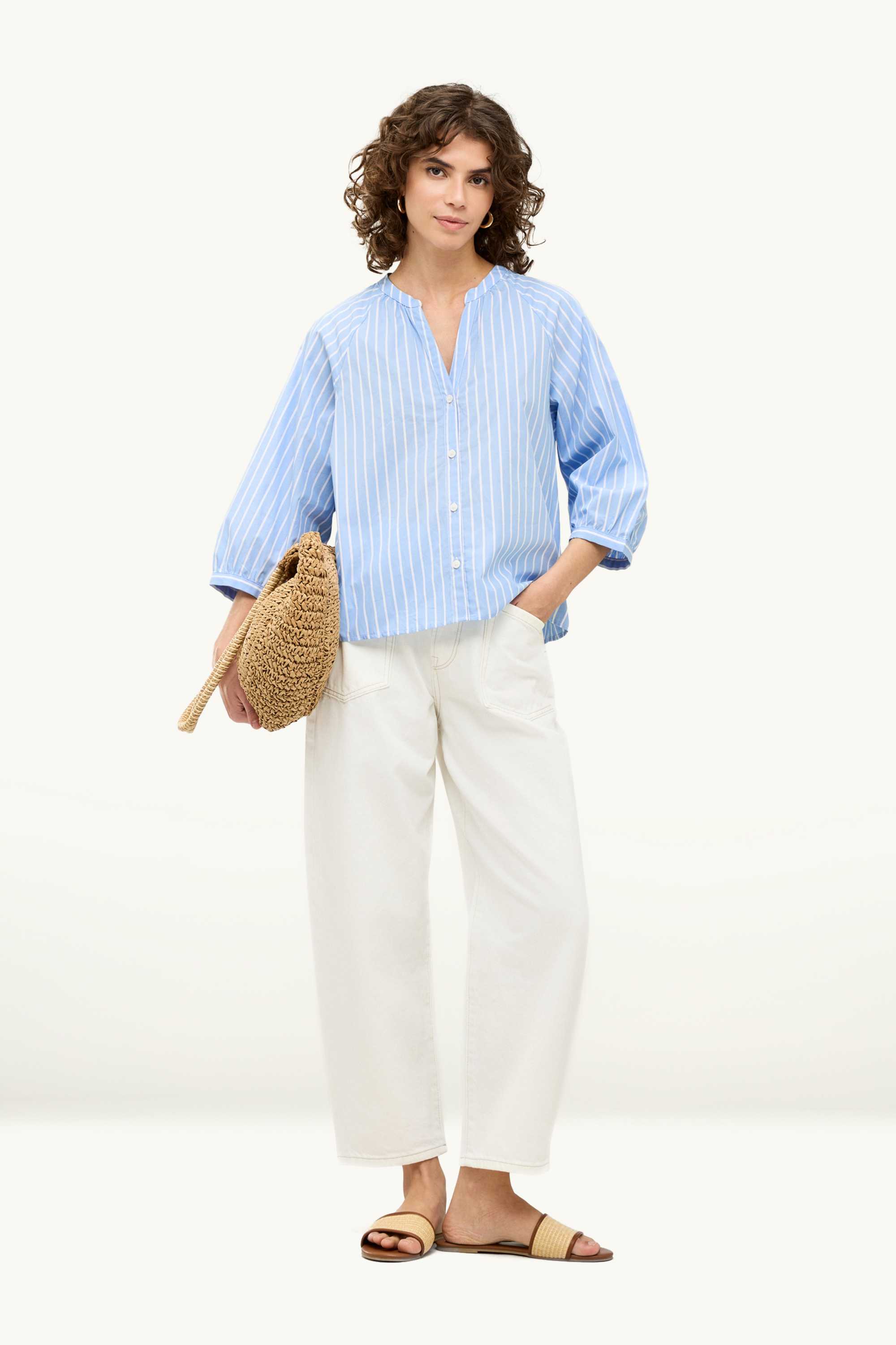 V-neck blouse - striped light blue