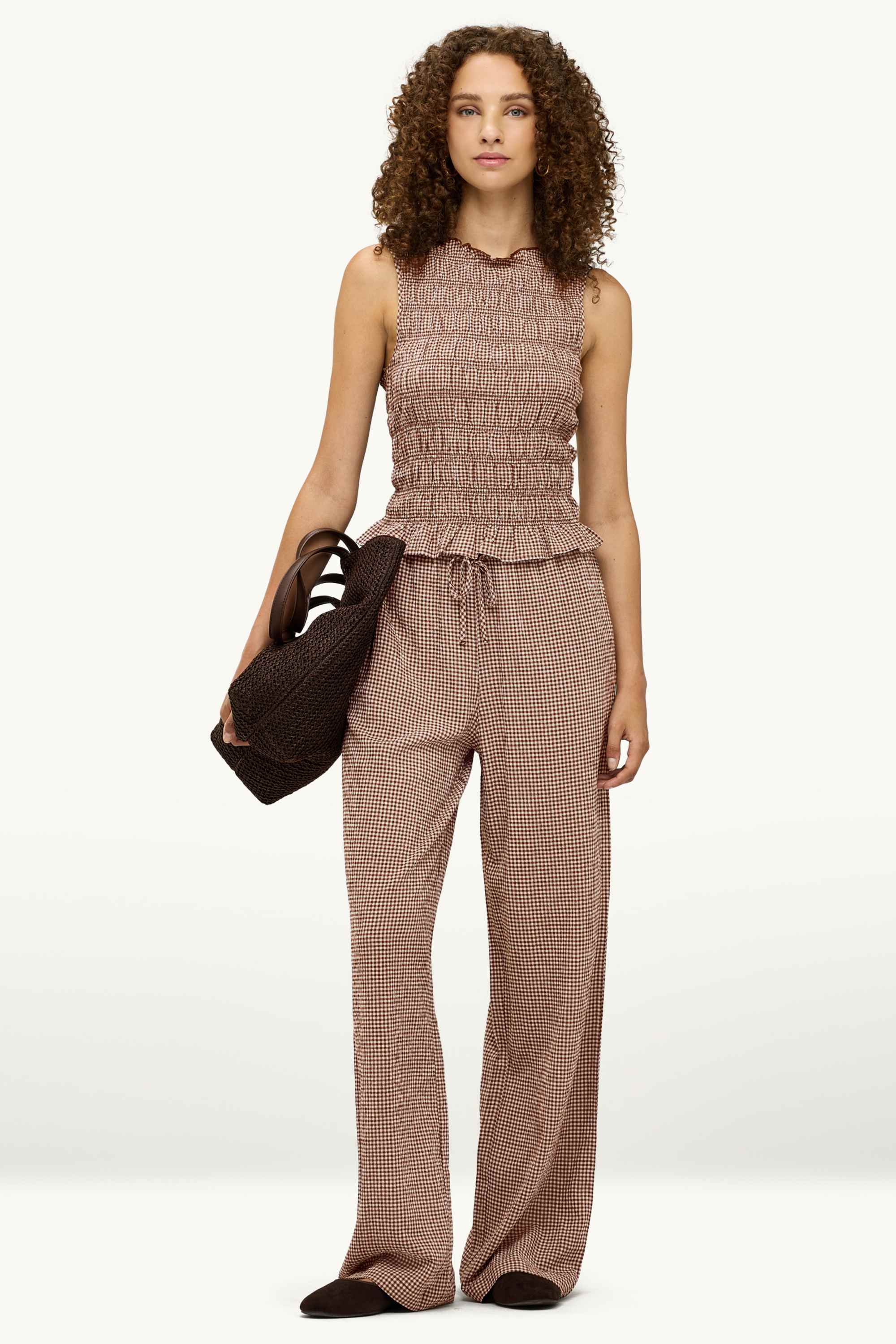 Cloth trousers - mid-rise waist - wide leg - check brown