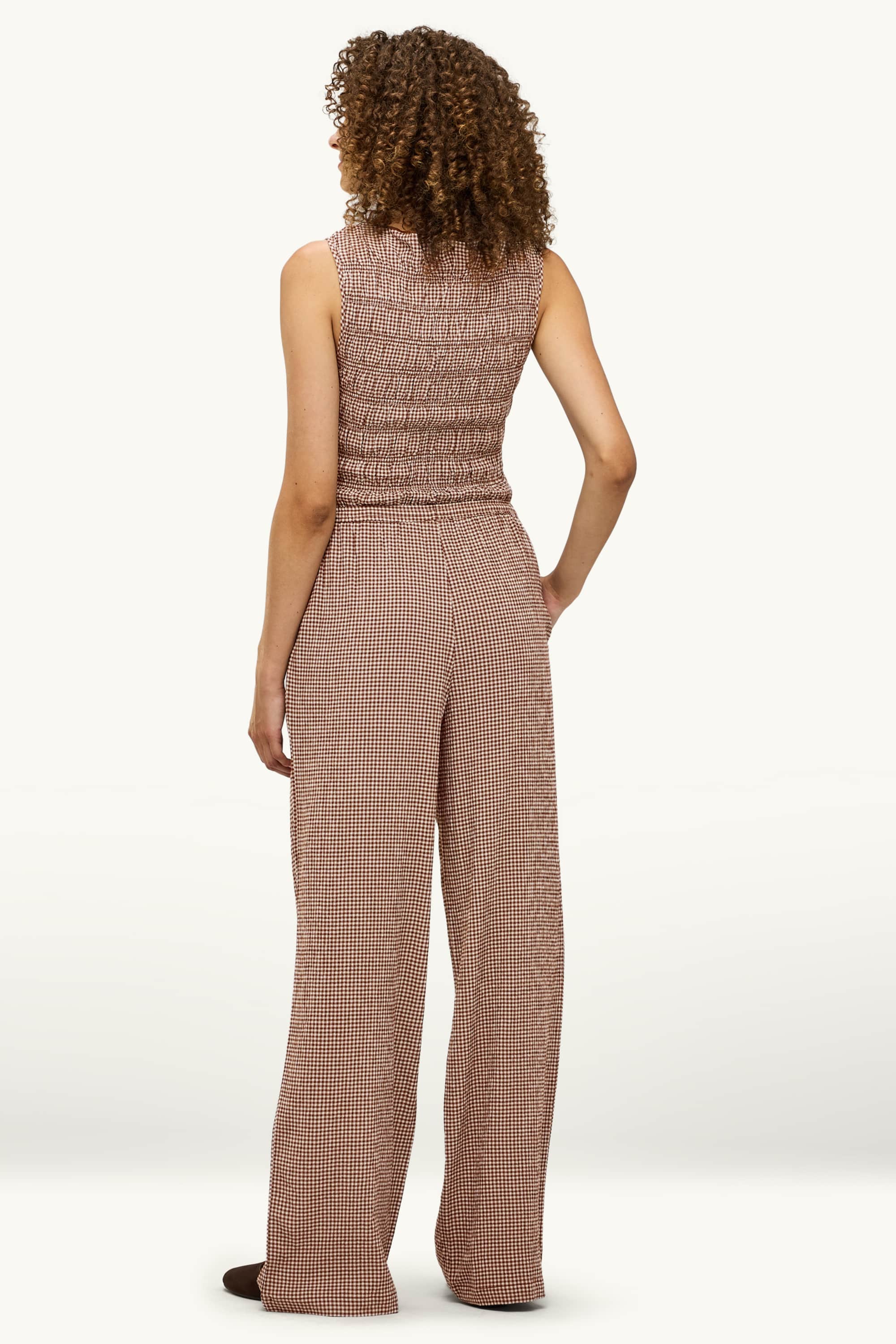 Cloth trousers - mid-rise waist - wide leg - check brown