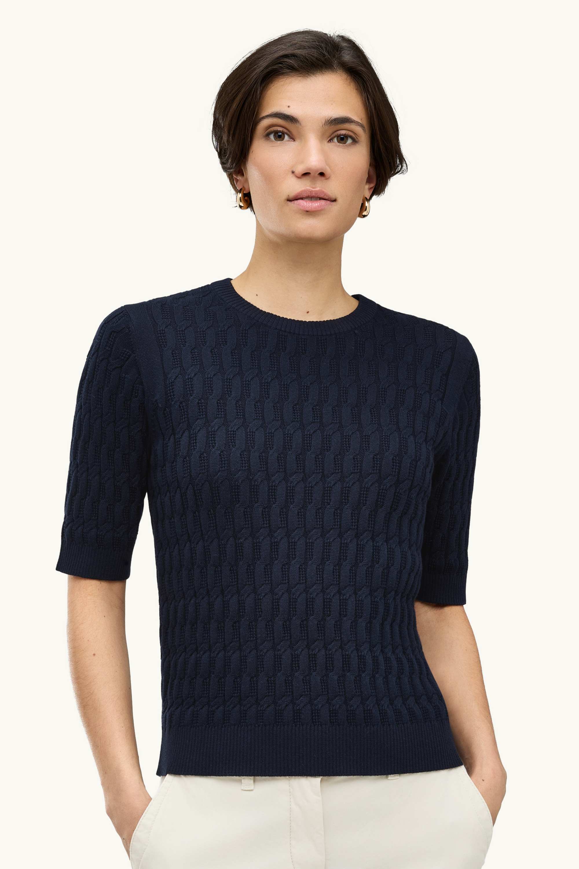 Knitted jumper - short sleeve - cable knit pattern dark blue