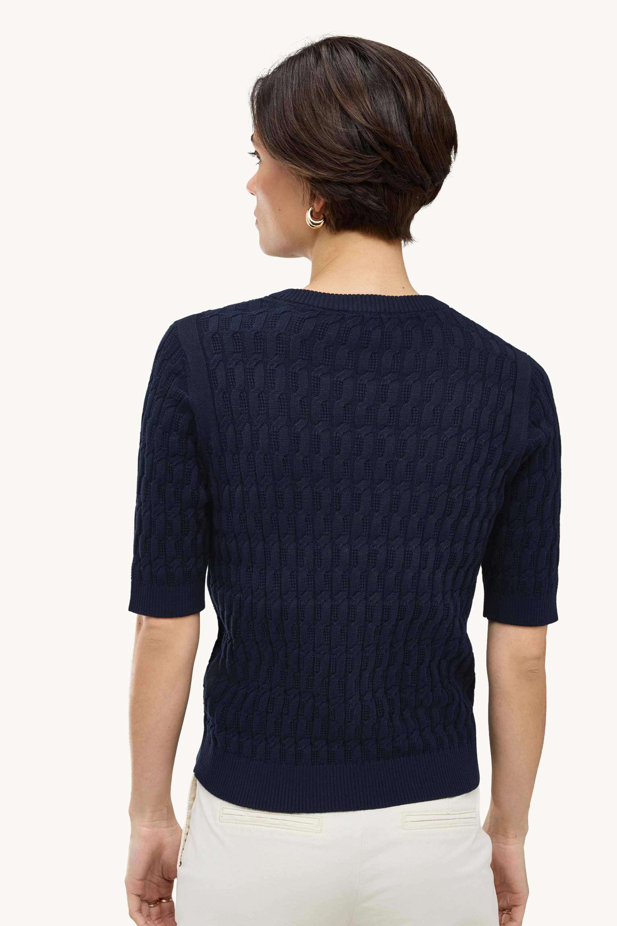 Knitted jumper - short sleeve - cable knit pattern dark blue