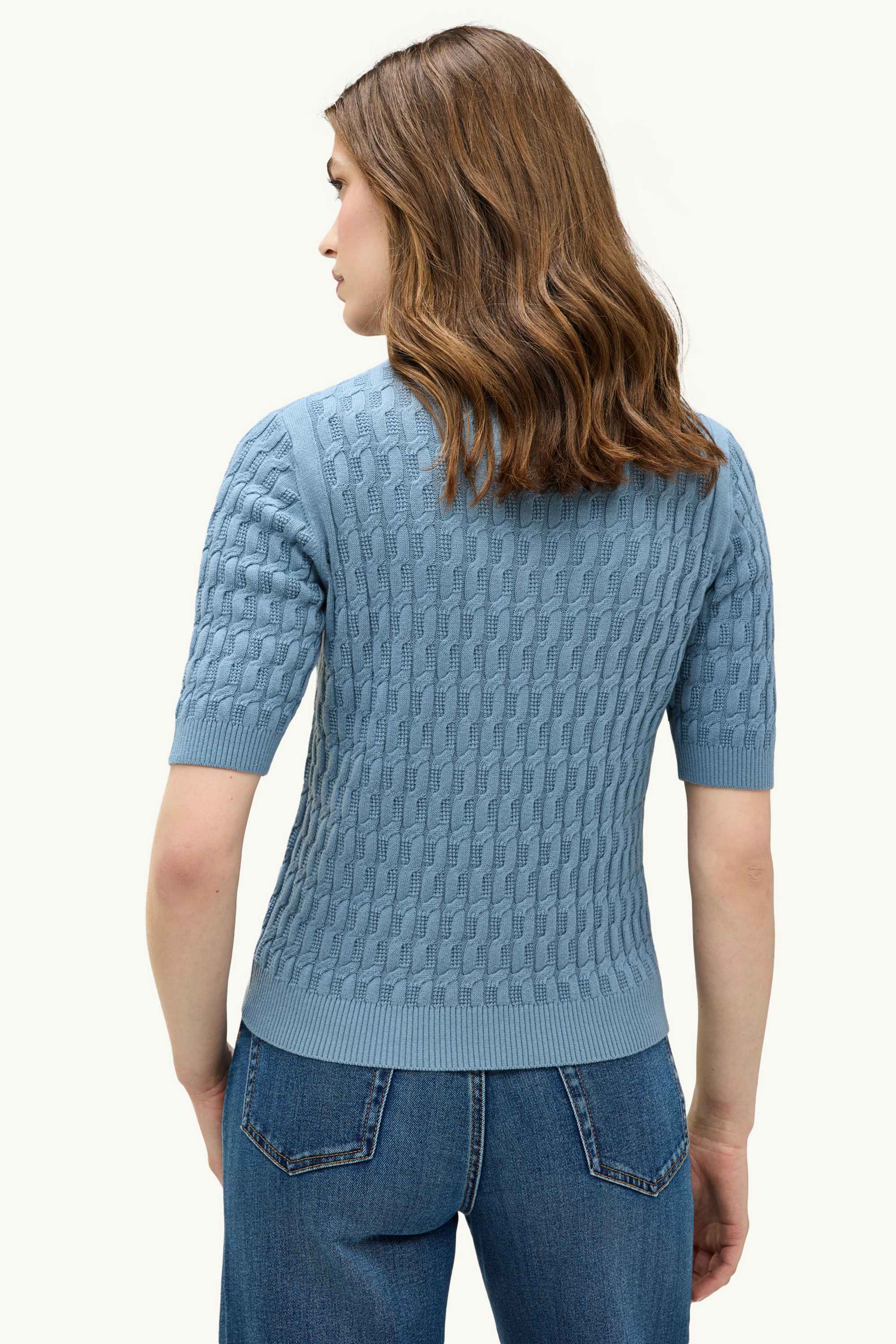 Knitted jumper - short sleeve - cable knit pattern blue