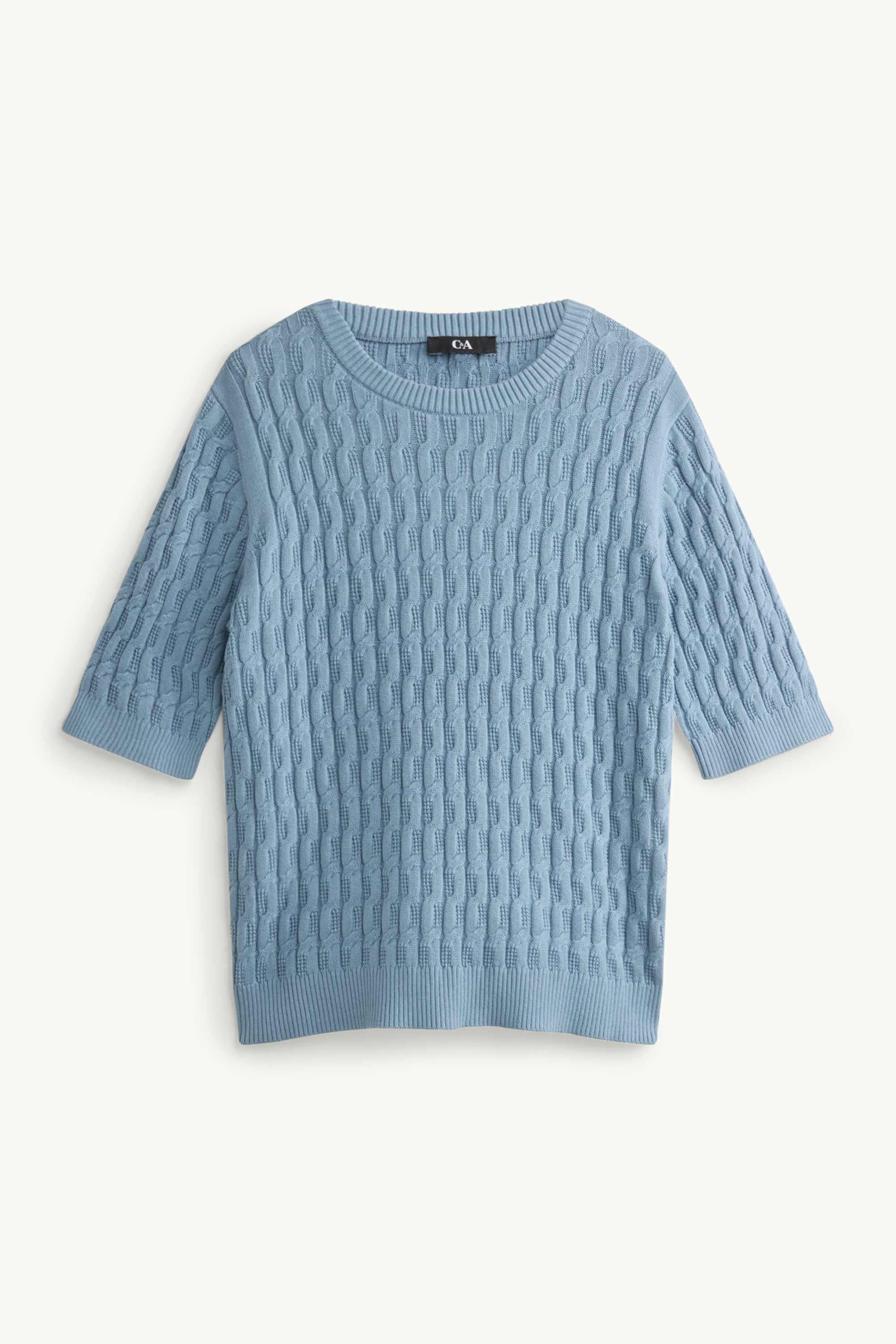 Knitted jumper - short sleeve - cable knit pattern blue