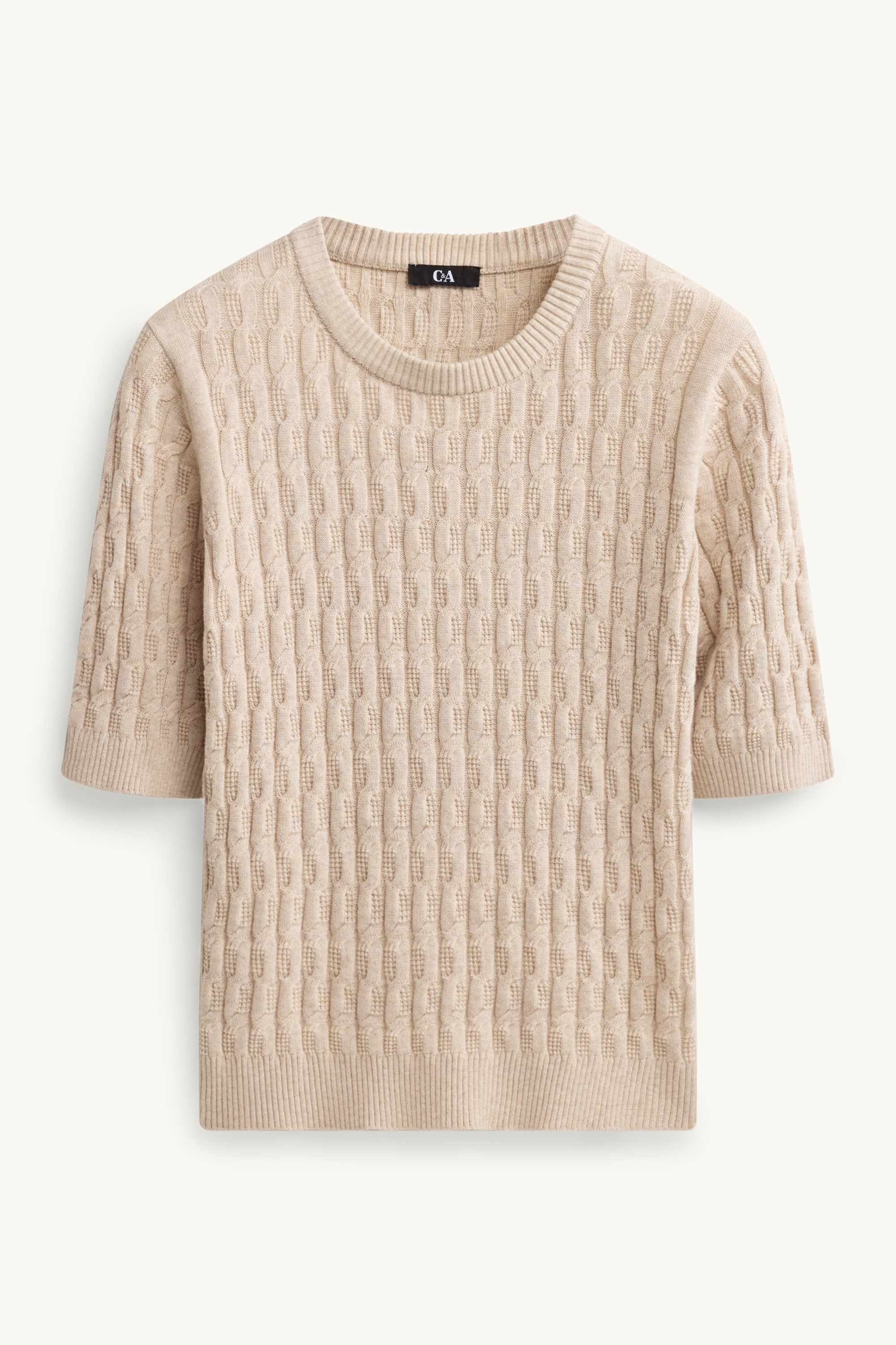 Knitted jumper - short sleeve - cable knit pattern beige