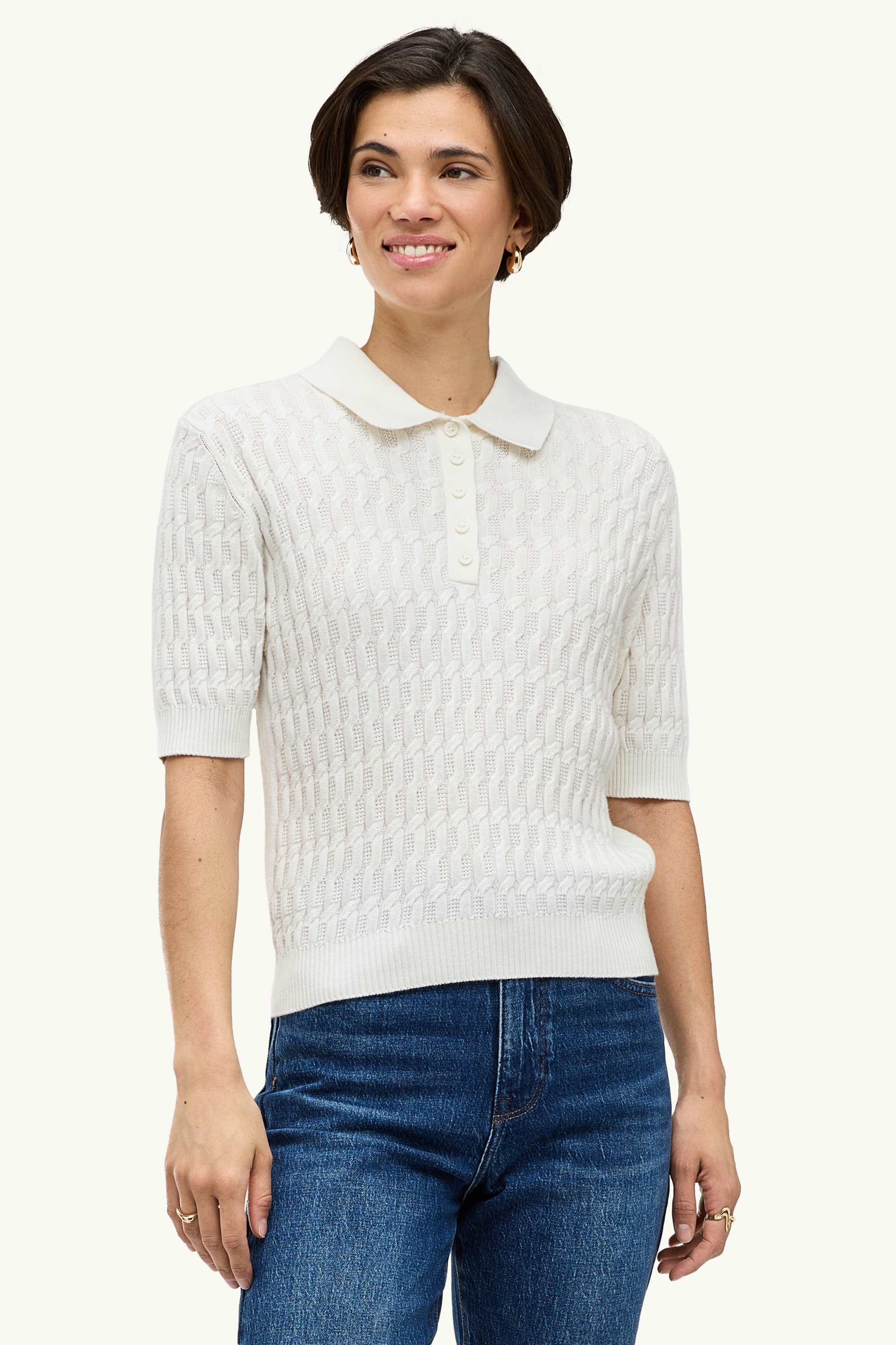 Knitted jumper - short sleeve - textured white