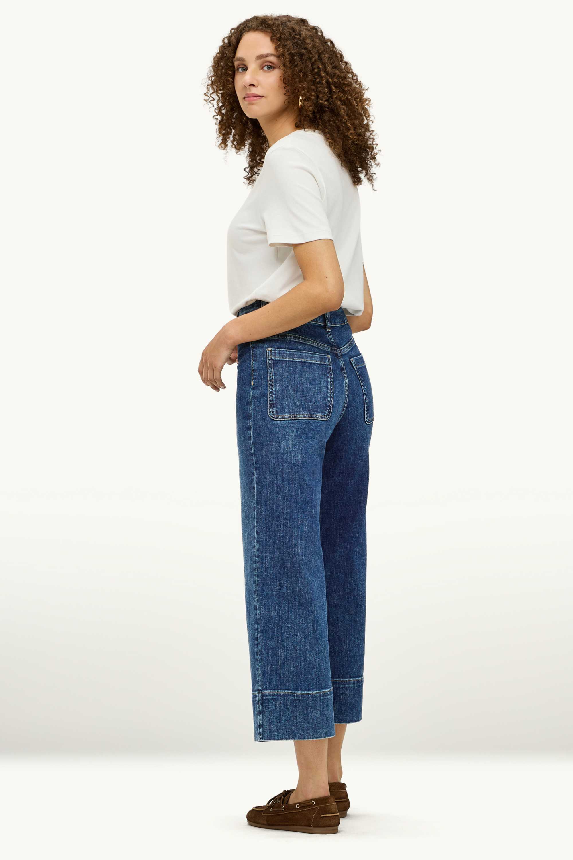 Cropped wide leg jeans - high waist blue denim (3)