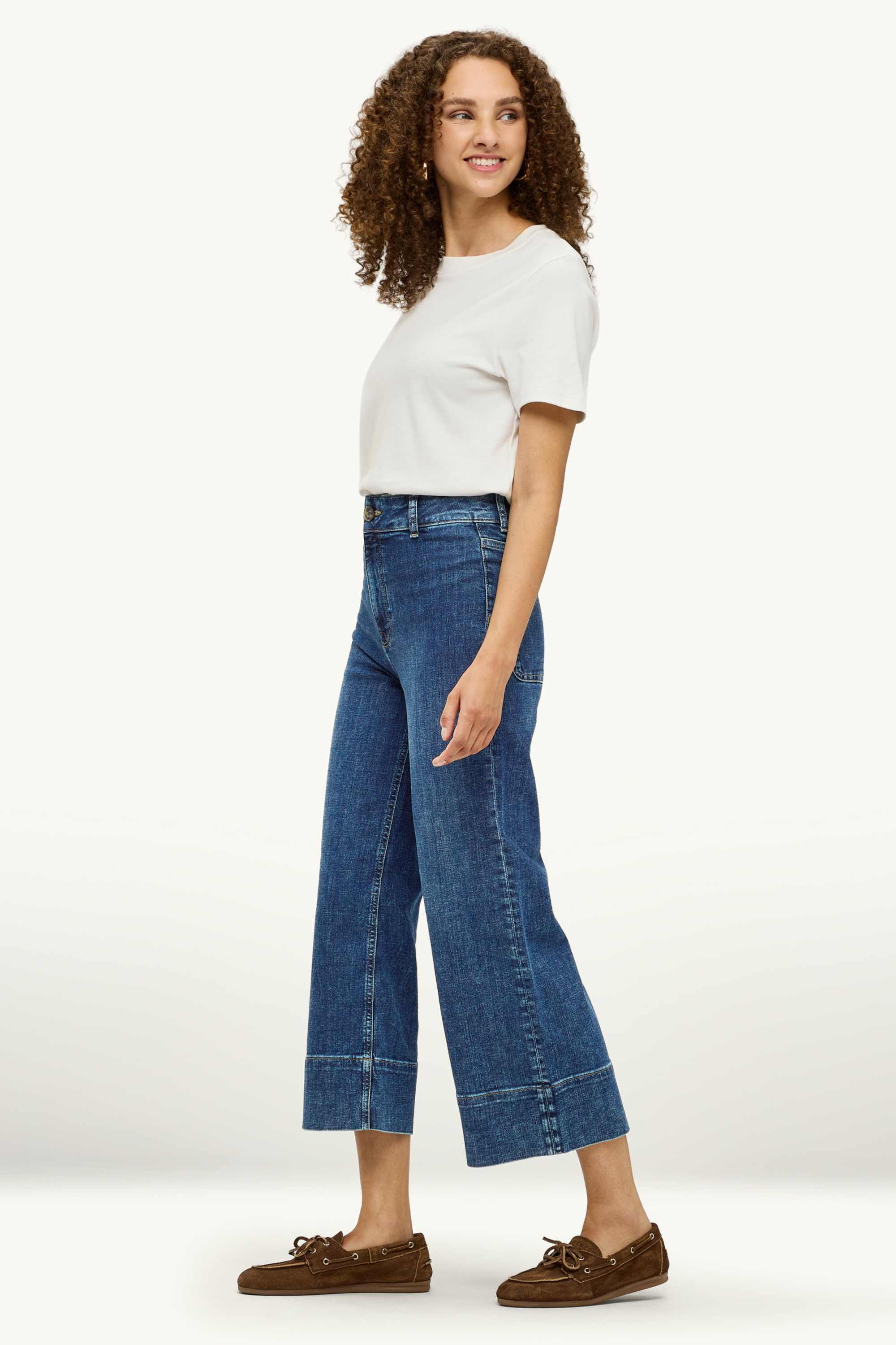 Cropped wide leg jeans - high waist blue denim (3)