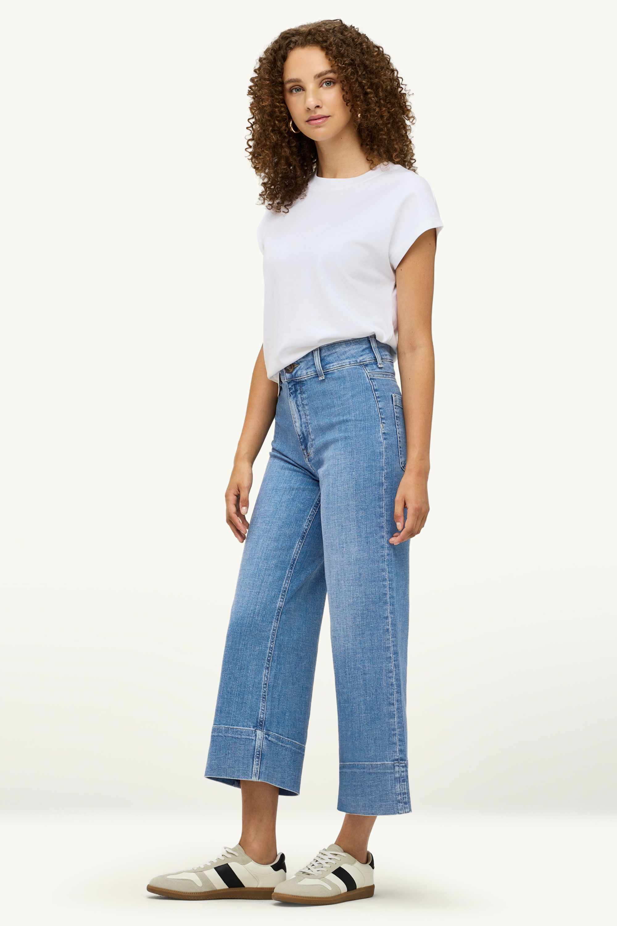 Cropped wide leg jeans - high waist blue denim (4)
