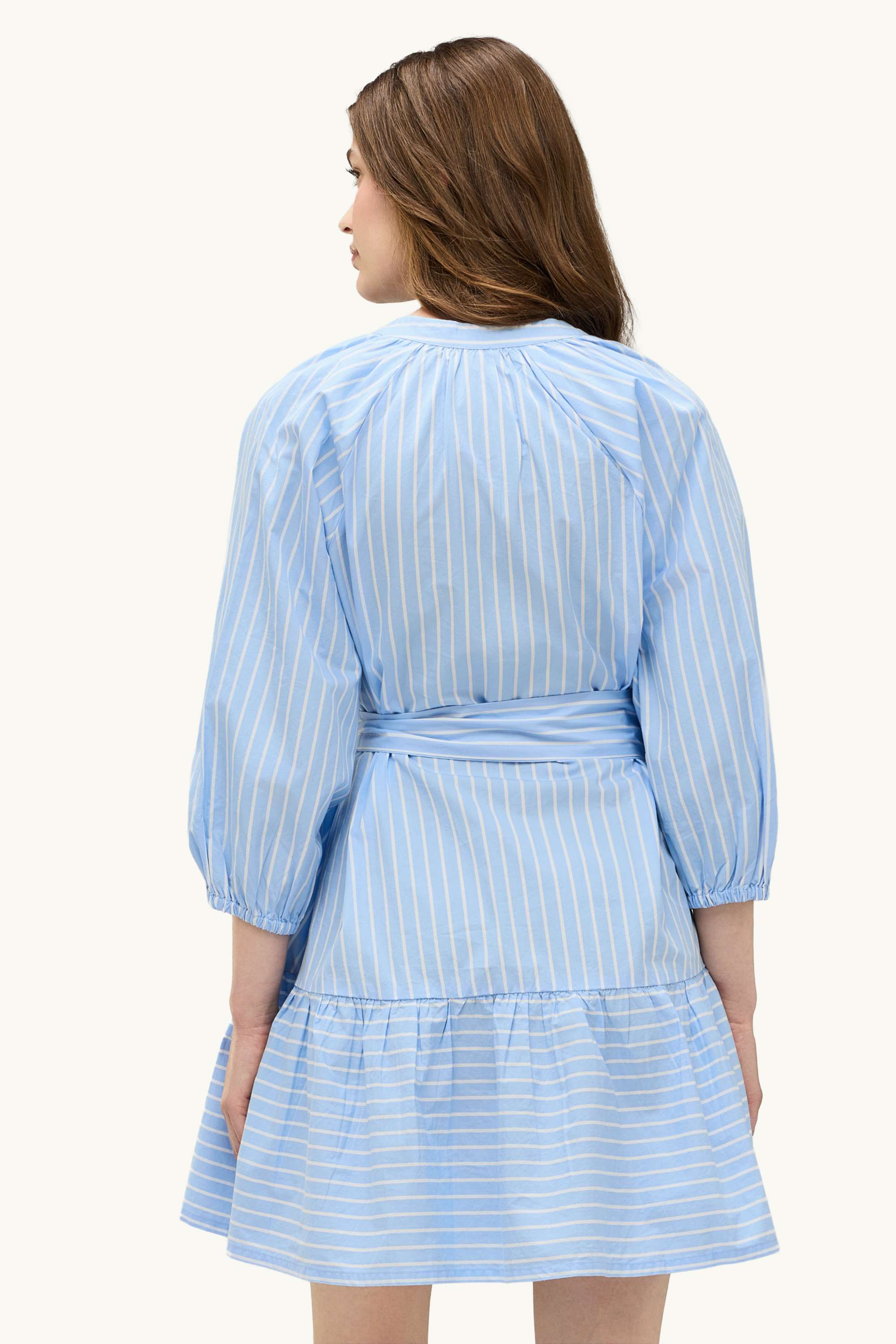 A-line dress with belt - striped blue / white