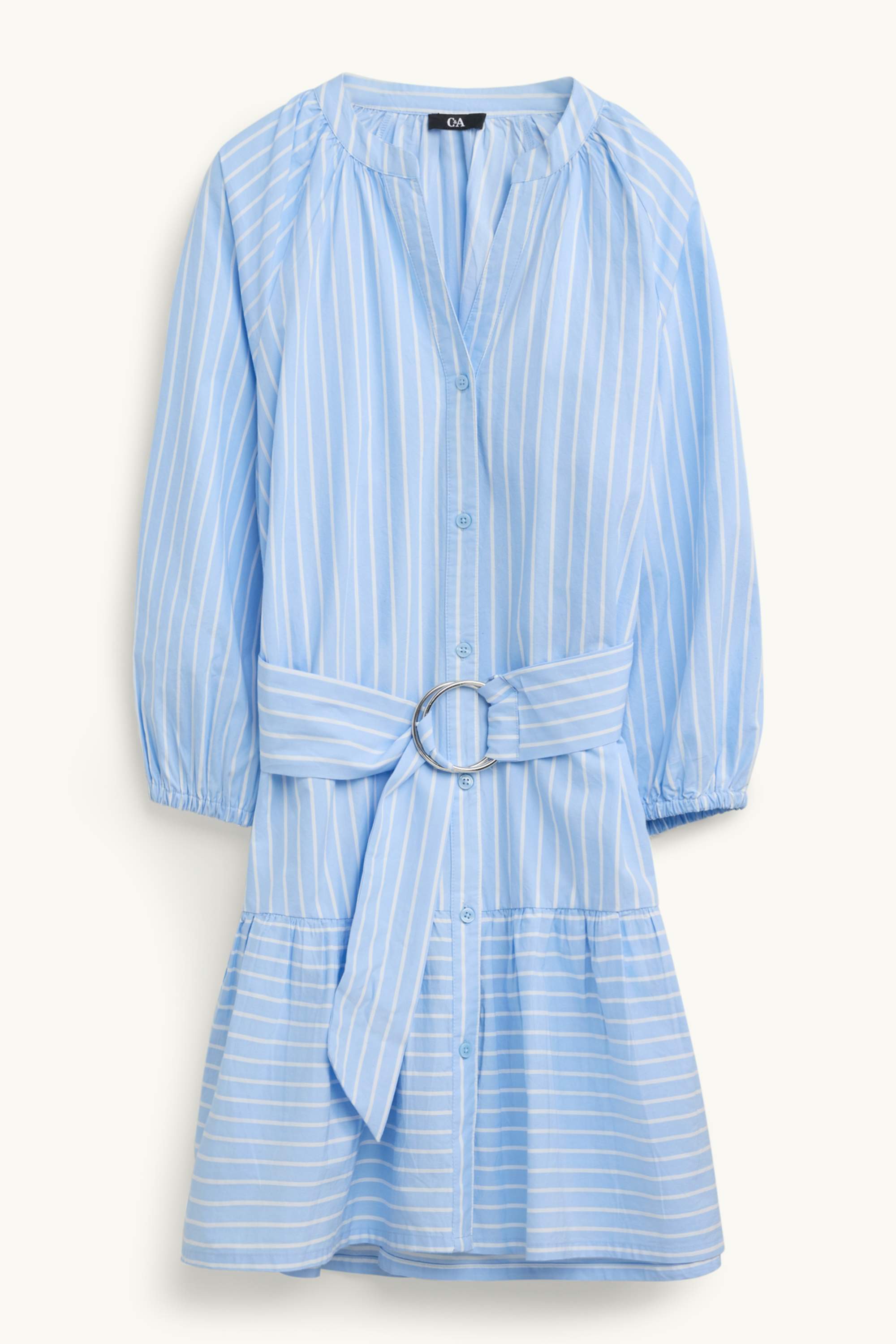 A-line dress with belt - striped blue / white