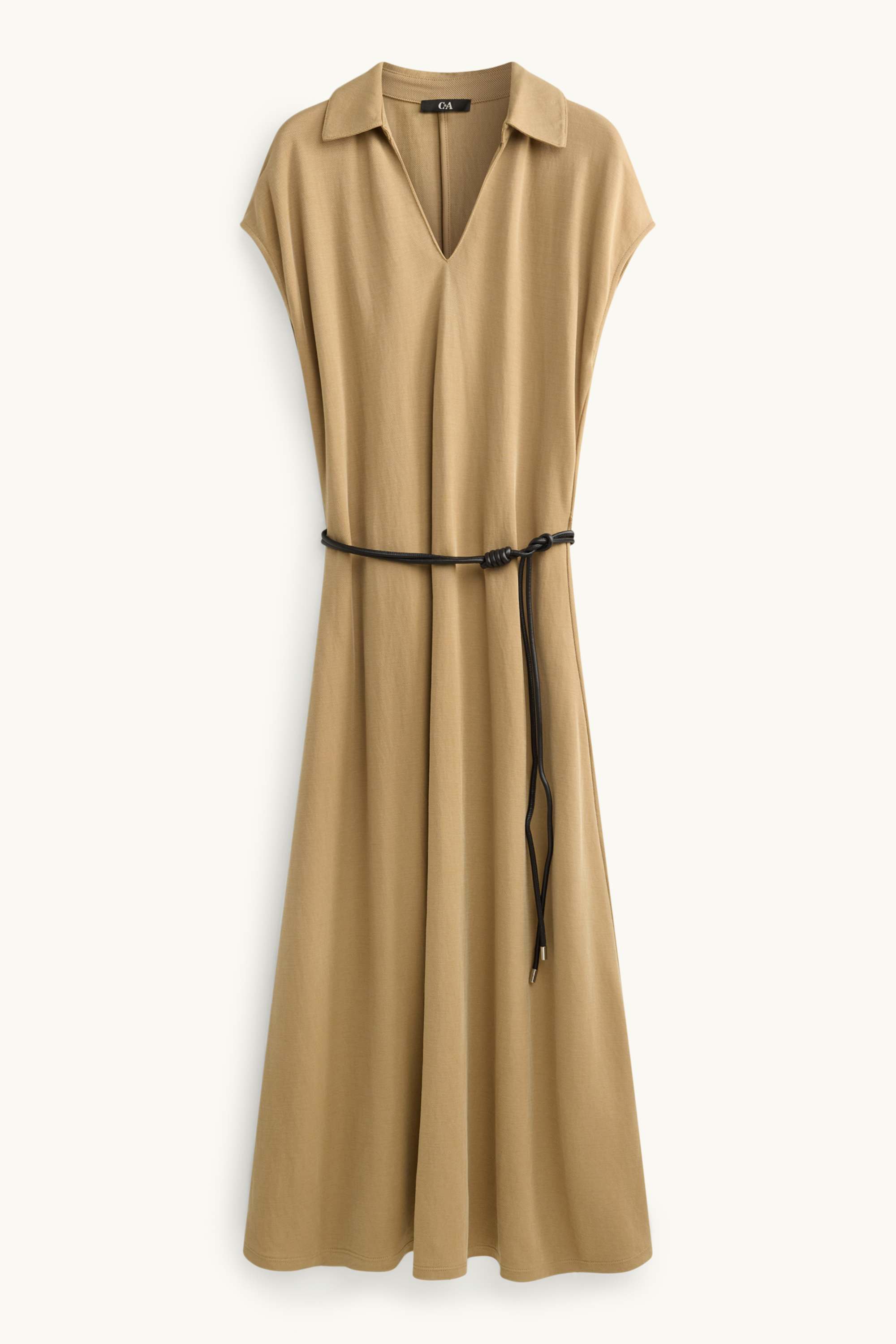 Fit & flare dress with belt and V-neck beige