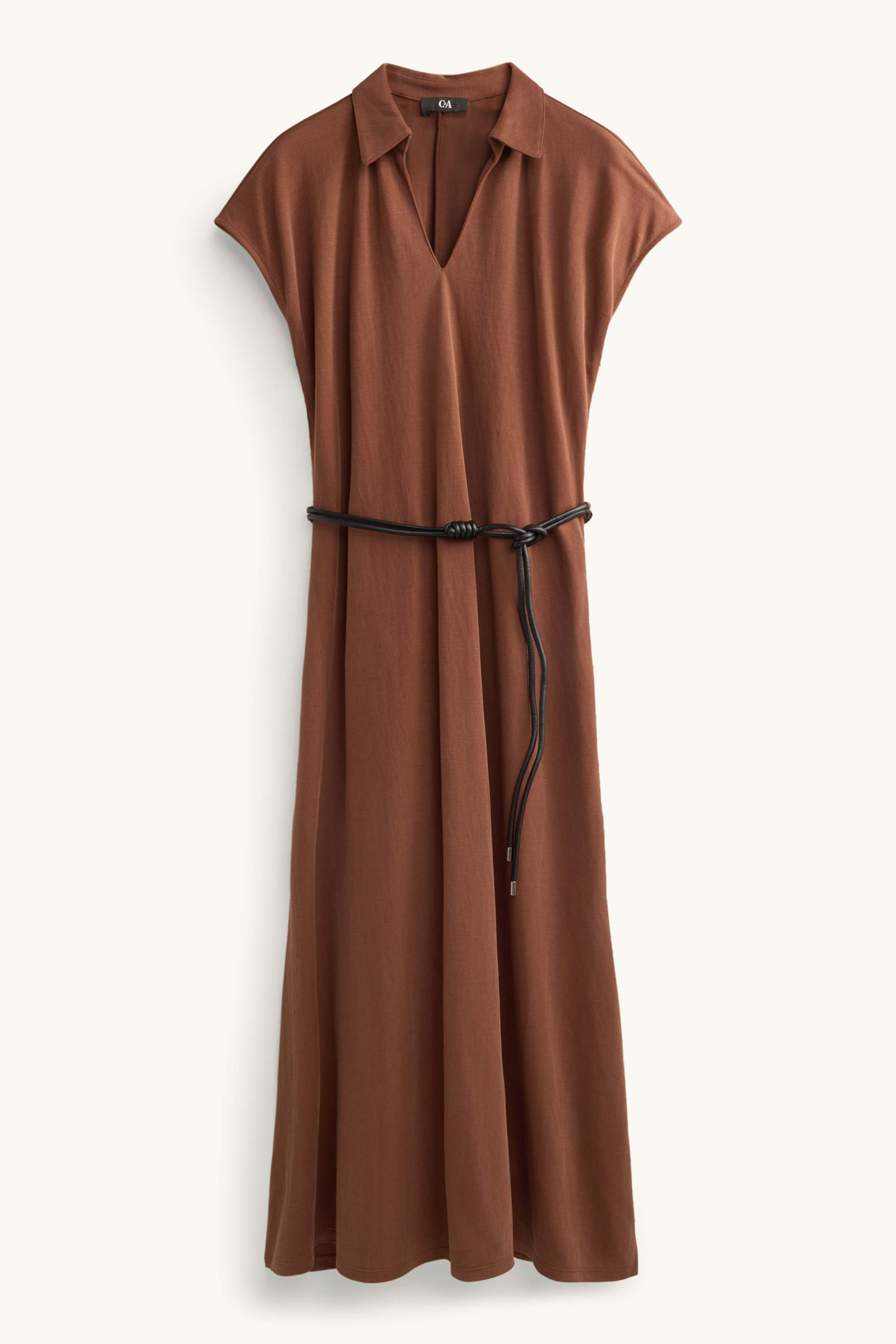 Fit & flare dress with belt and V-neck brown