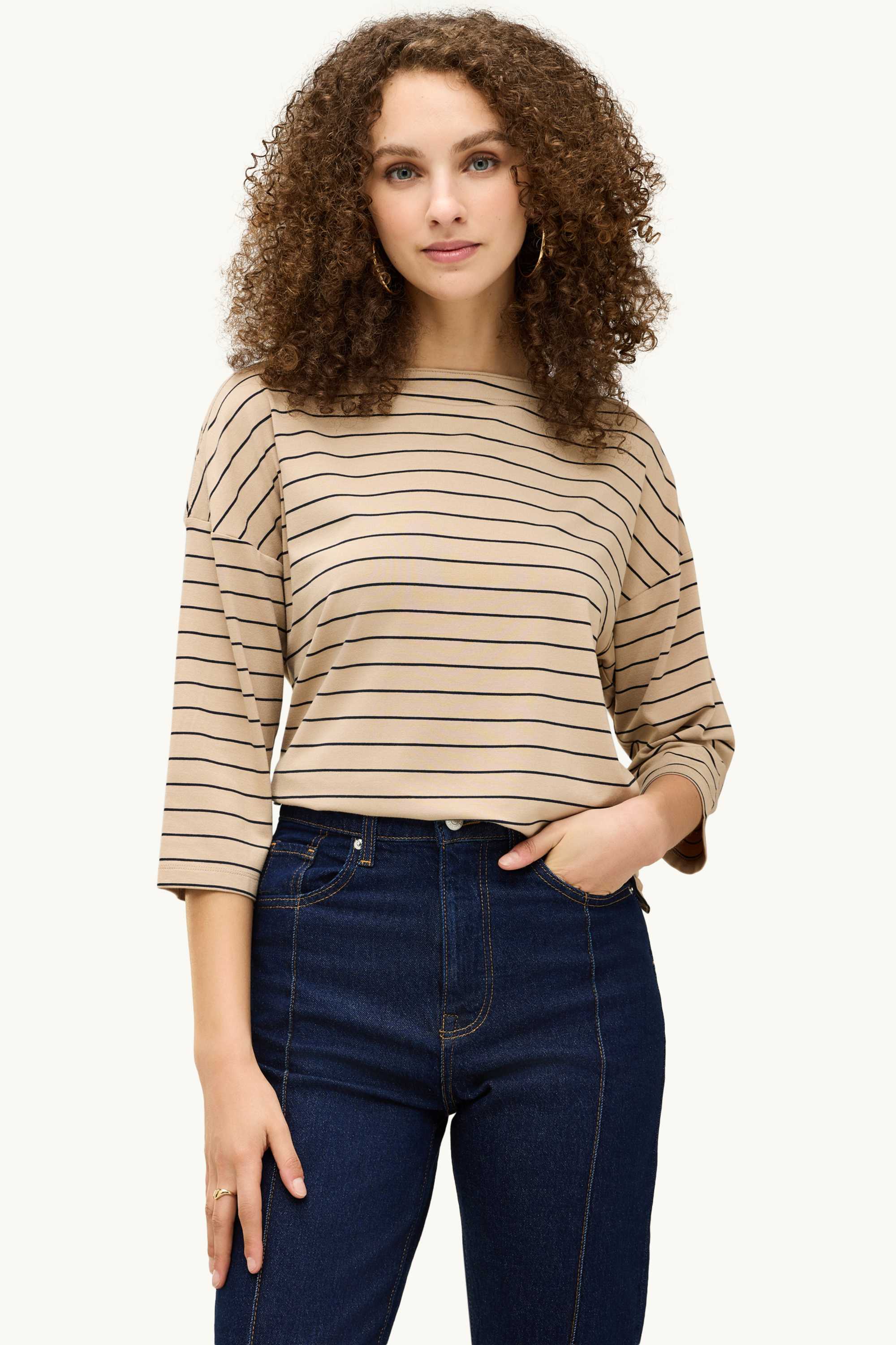 Long sleeve top - regular fit - striped beige