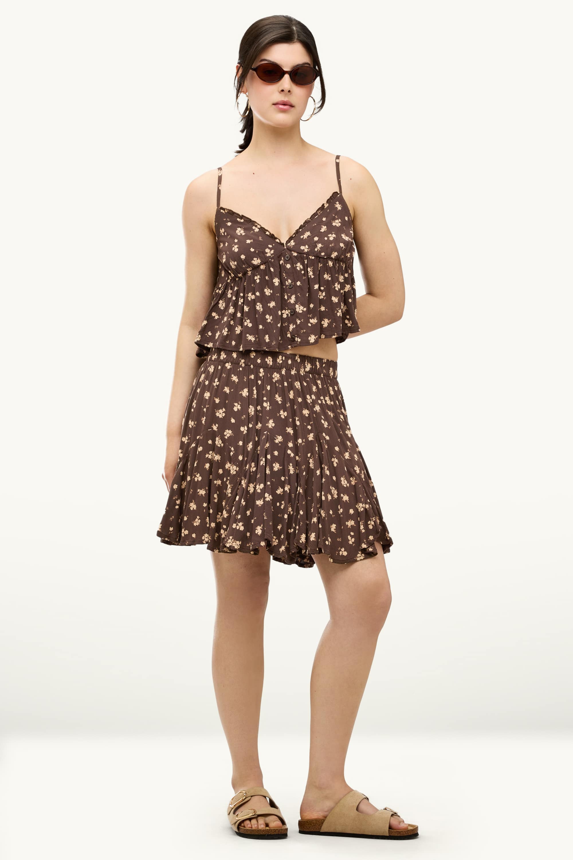 V-neck top - floral brown