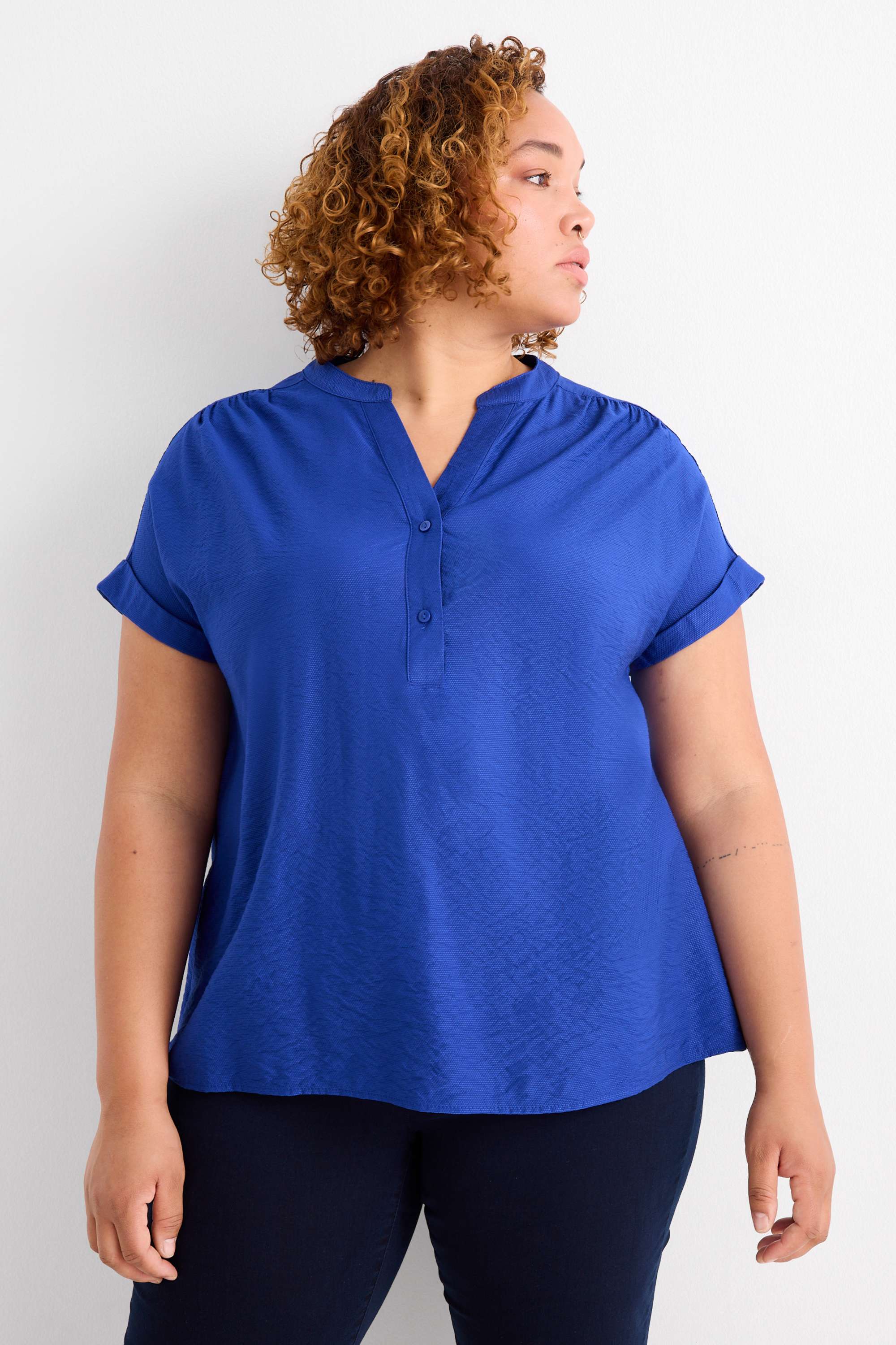 V-neck blouse - textured dark blue