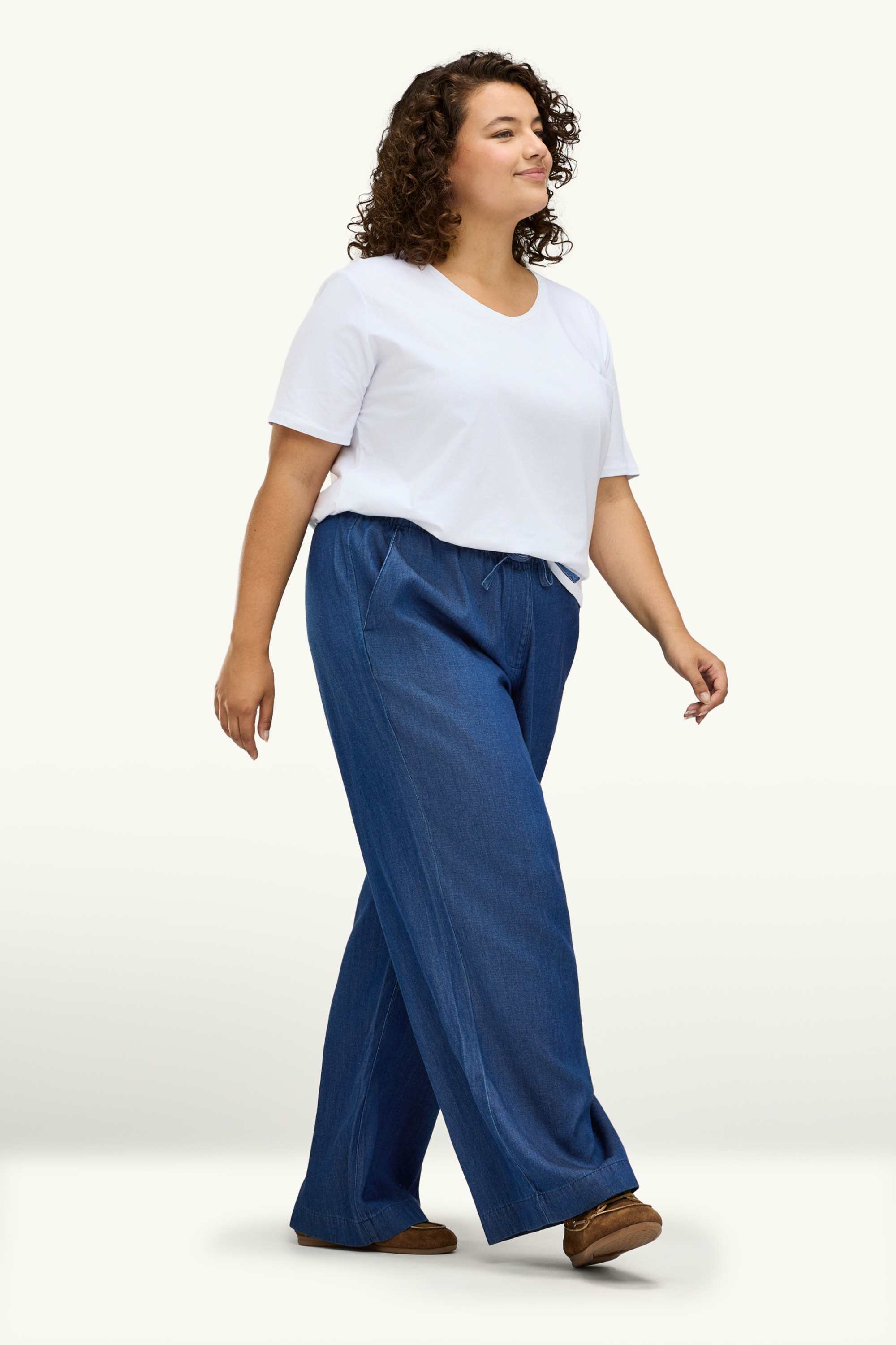 Cloth trousers - high waist - wide leg - denim look blue denim