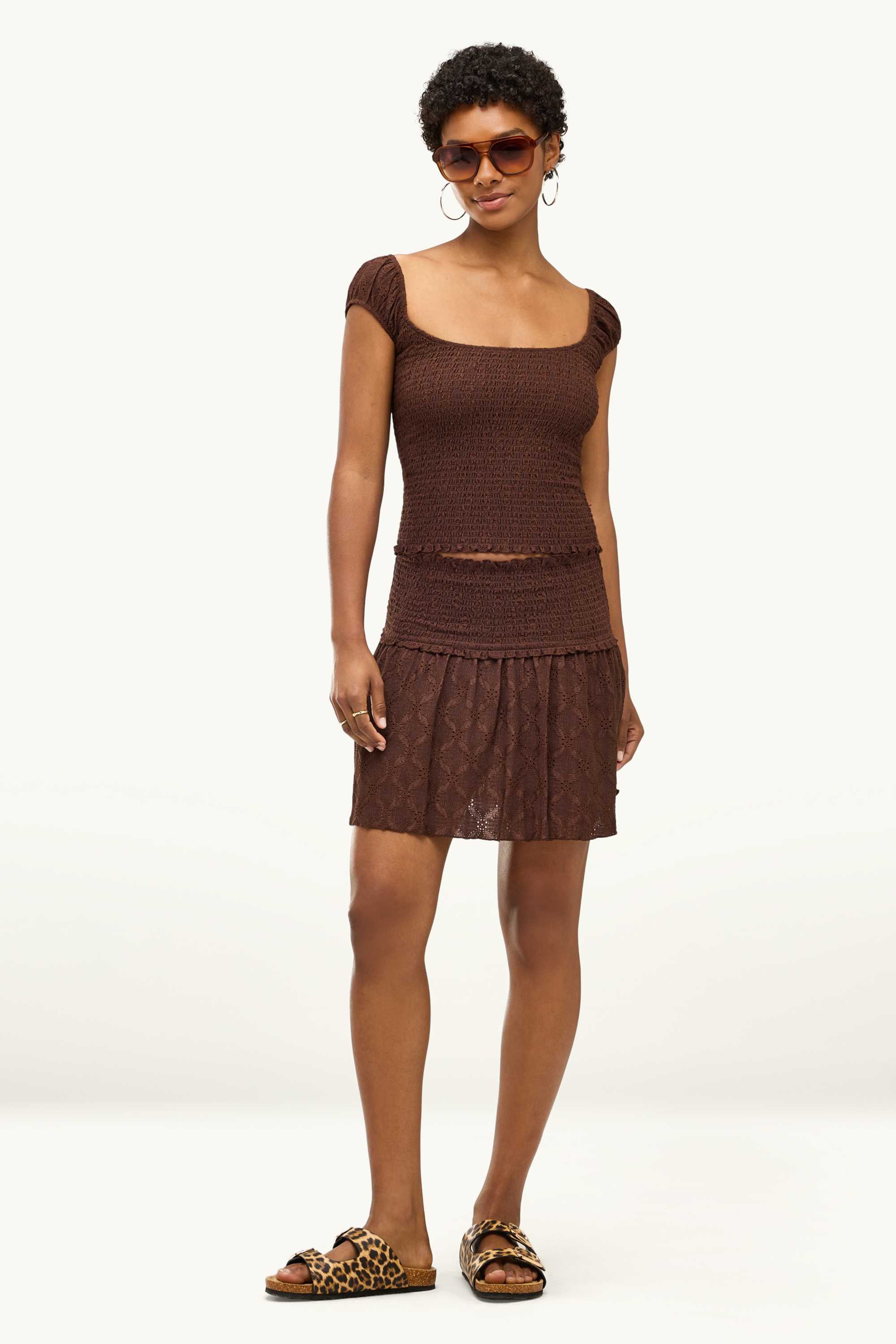 Blouse top - smocked dark brown