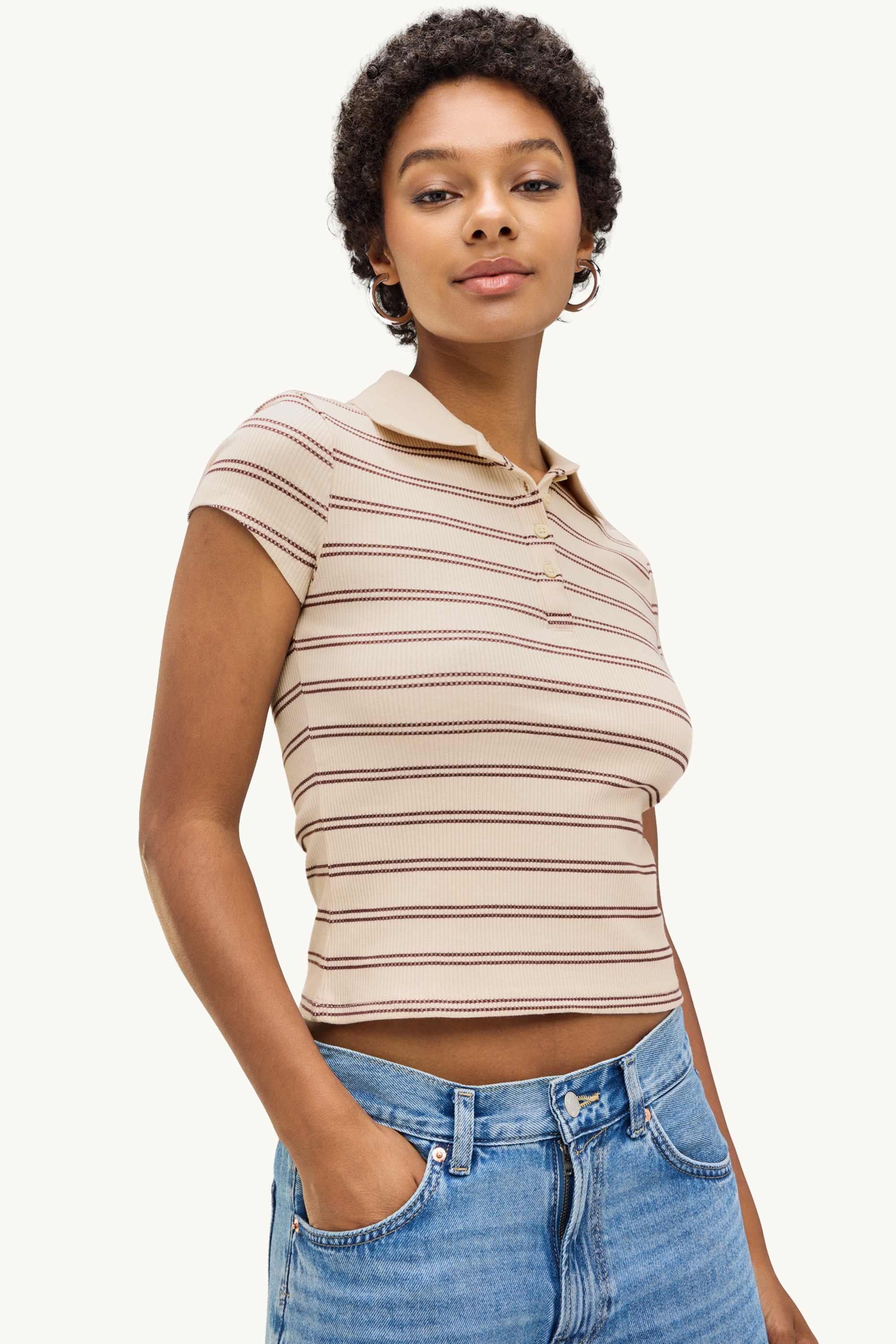 Knitted polo shirt - slim fit - ribbed - striped beige / bordeaux