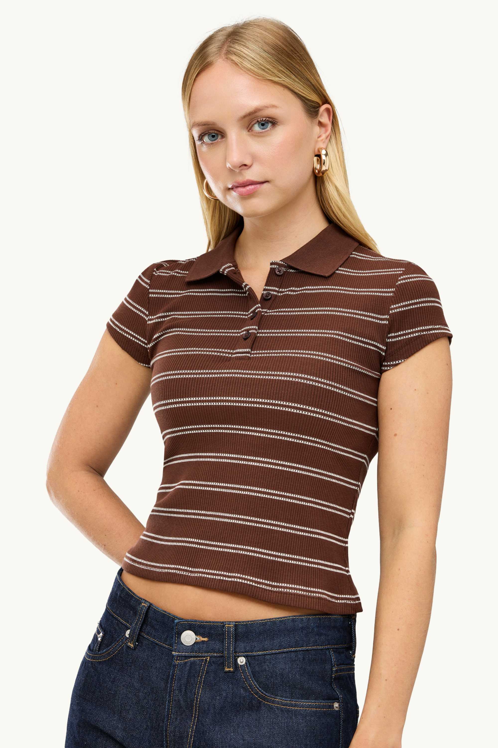 Knitted polo shirt - slim fit - ribbed - striped brown
