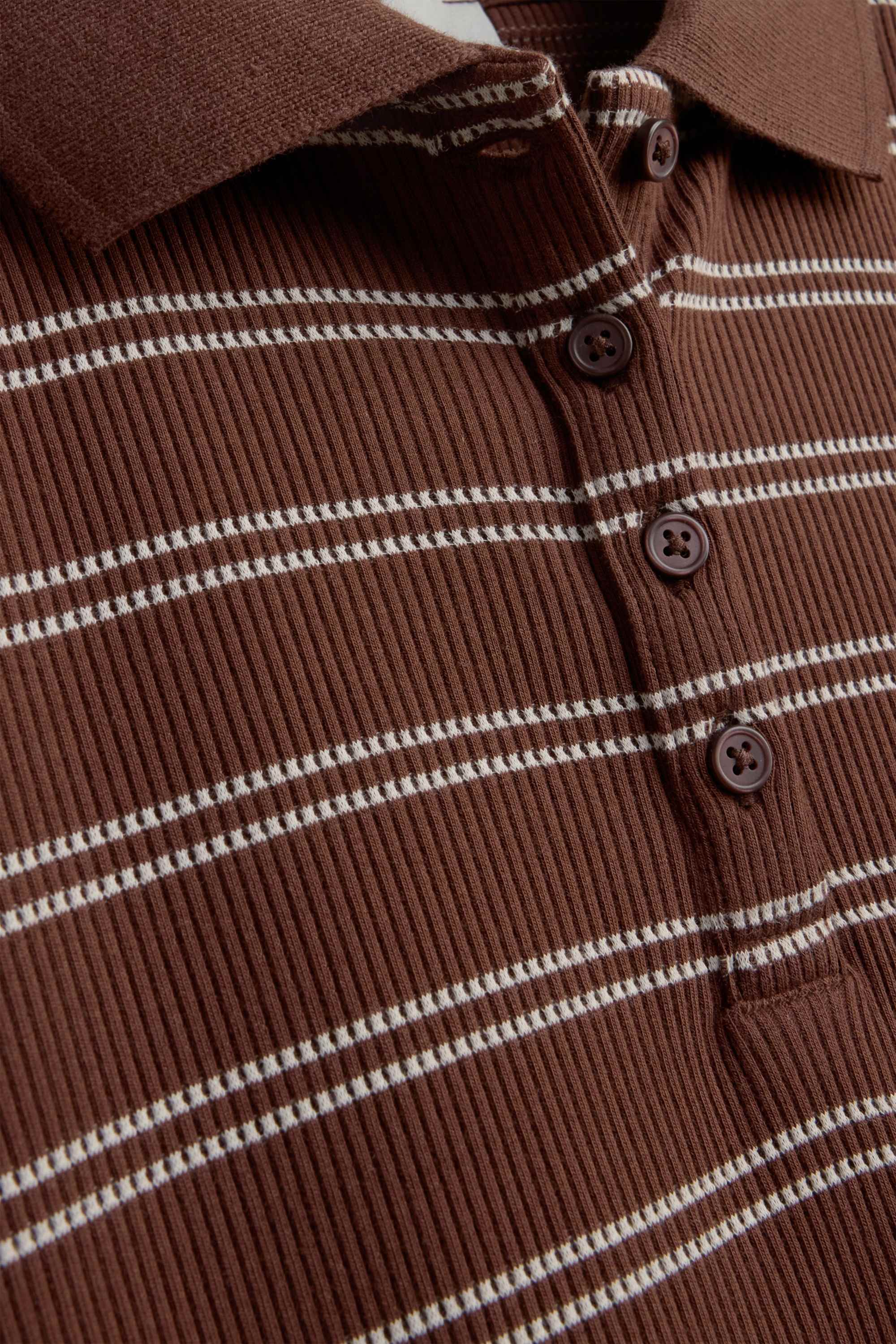 Knitted polo shirt - slim fit - ribbed - striped brown