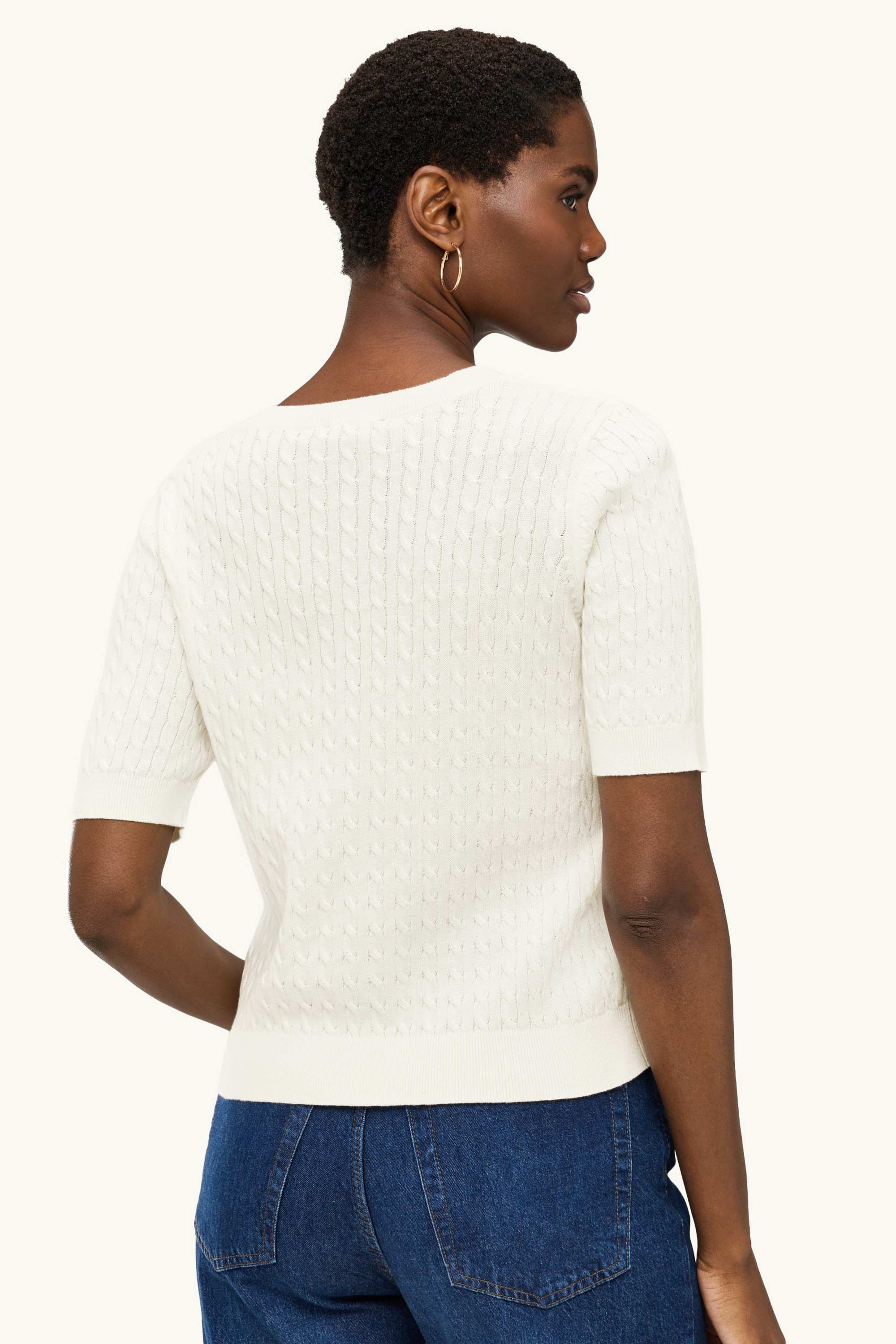 Knitted jumper - short sleeve - cable knit pattern cremewhite