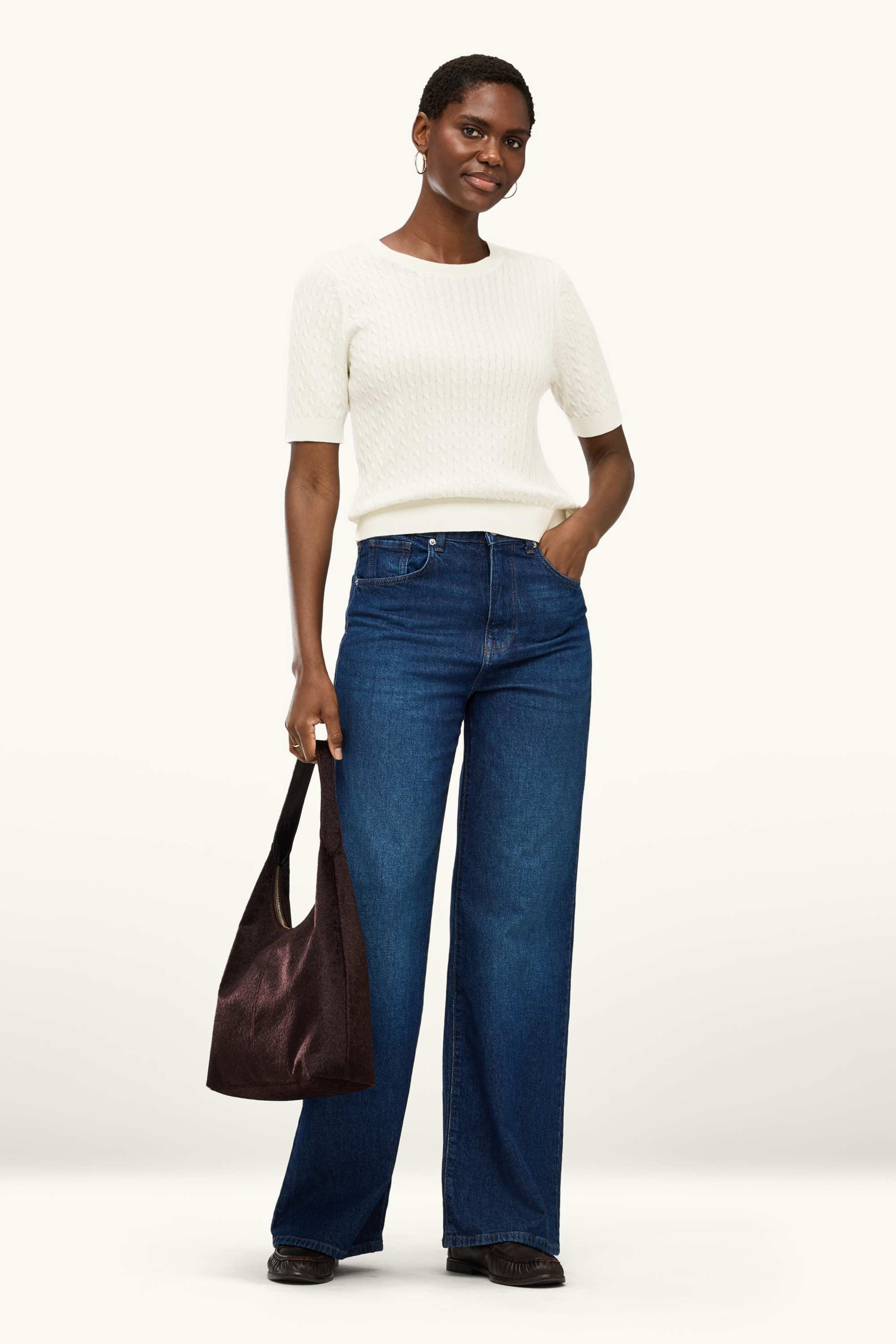 Knitted jumper - short sleeve - cable knit pattern cremewhite