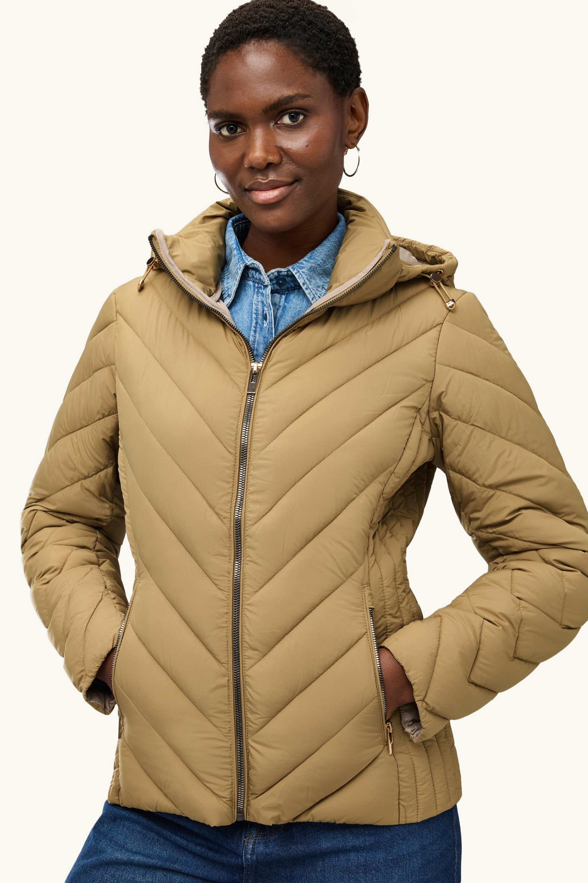 Quilted jacket with hood - lined khaki
