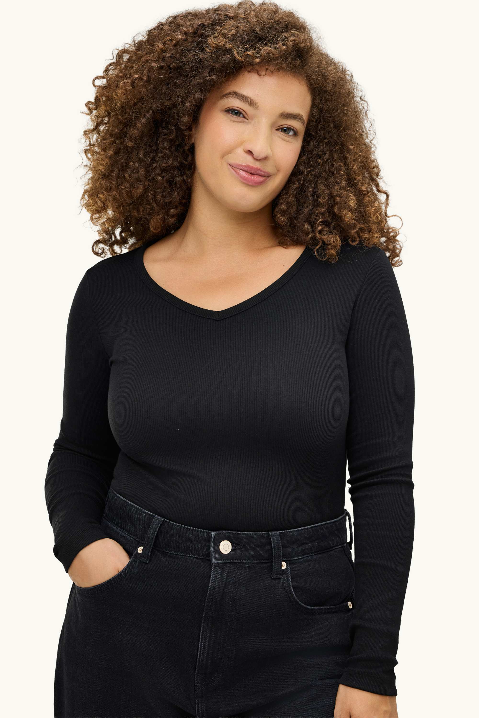 Long sleeve top with V-neck - slim fit black