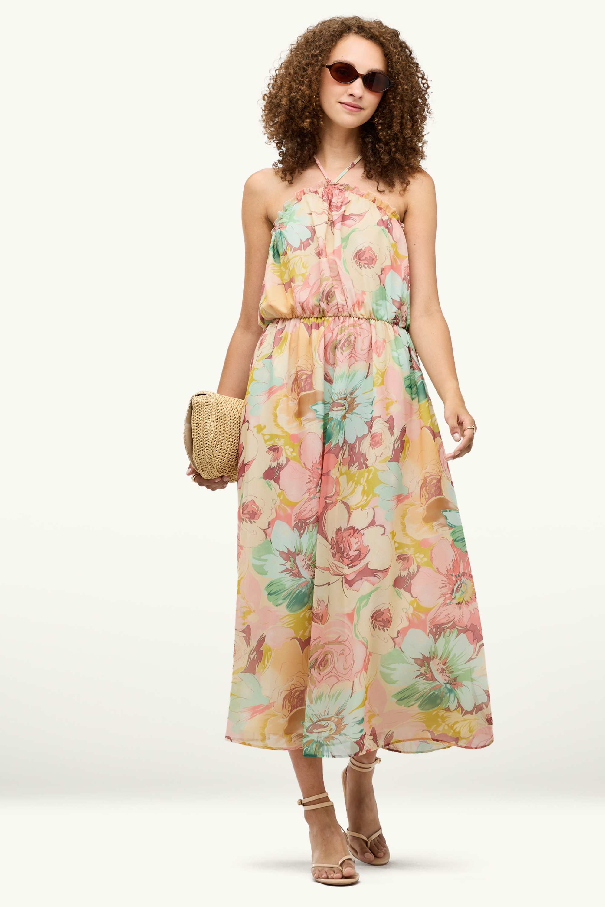 Chiffon dress - straight fit - floral green / rose