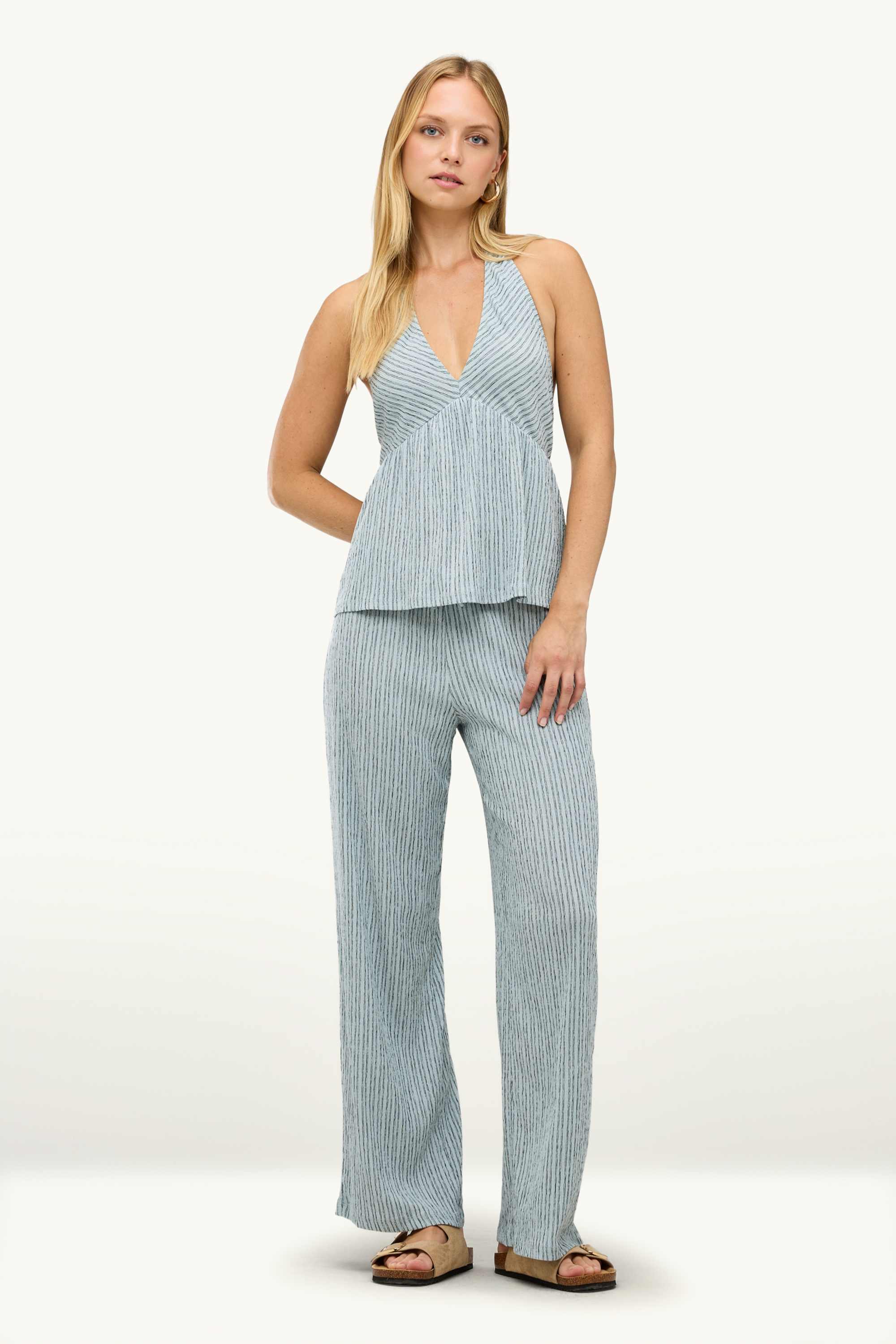 Cloth trousers - mid-rise waist - wide leg - striped light blue