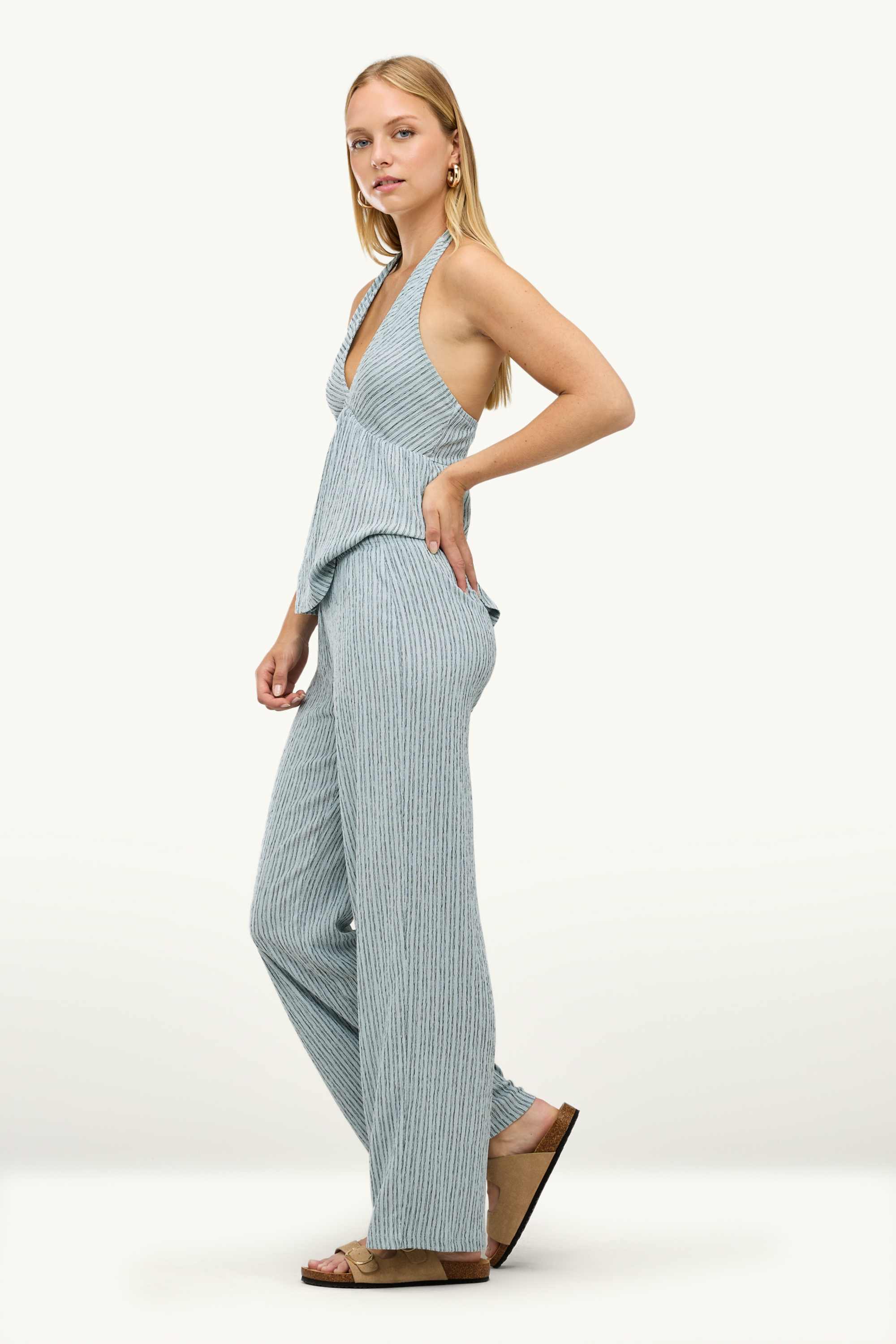 Cloth trousers - mid-rise waist - wide leg - striped light blue