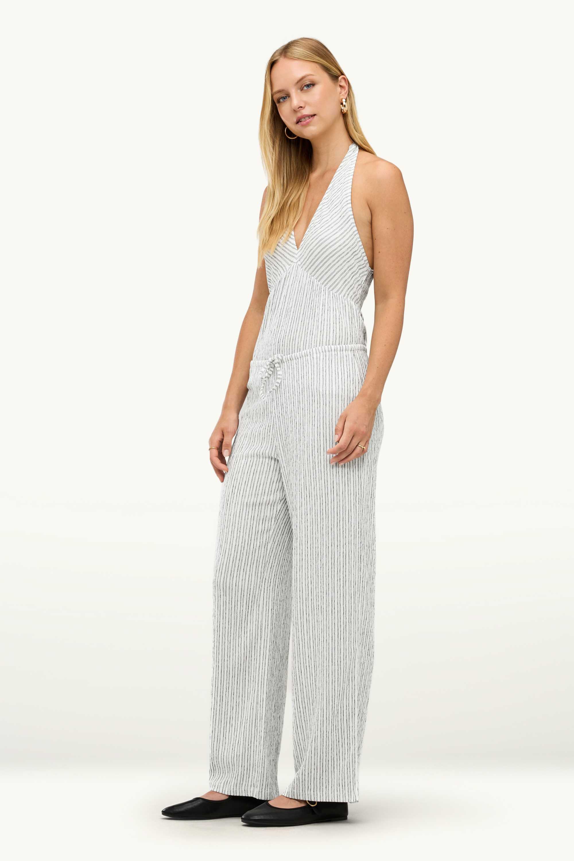 Cloth trousers - mid-rise waist - wide leg - striped white / black