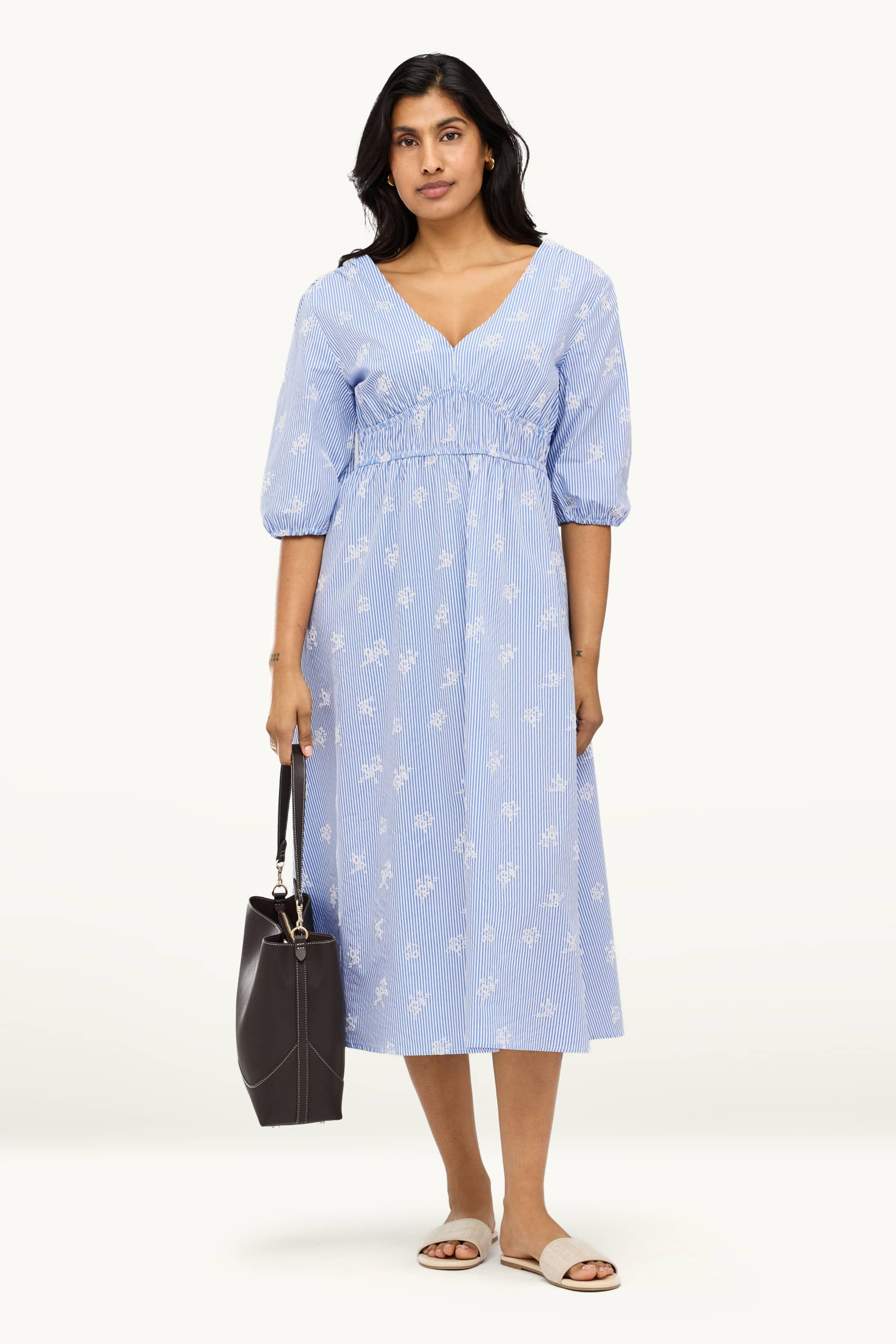 Empire dress with V-neck - embroidered - striped blue / white