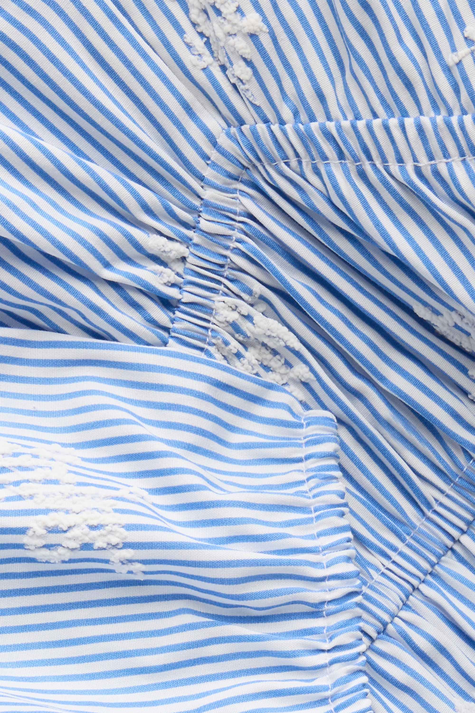Empire dress with V-neck - embroidered - striped blue / white