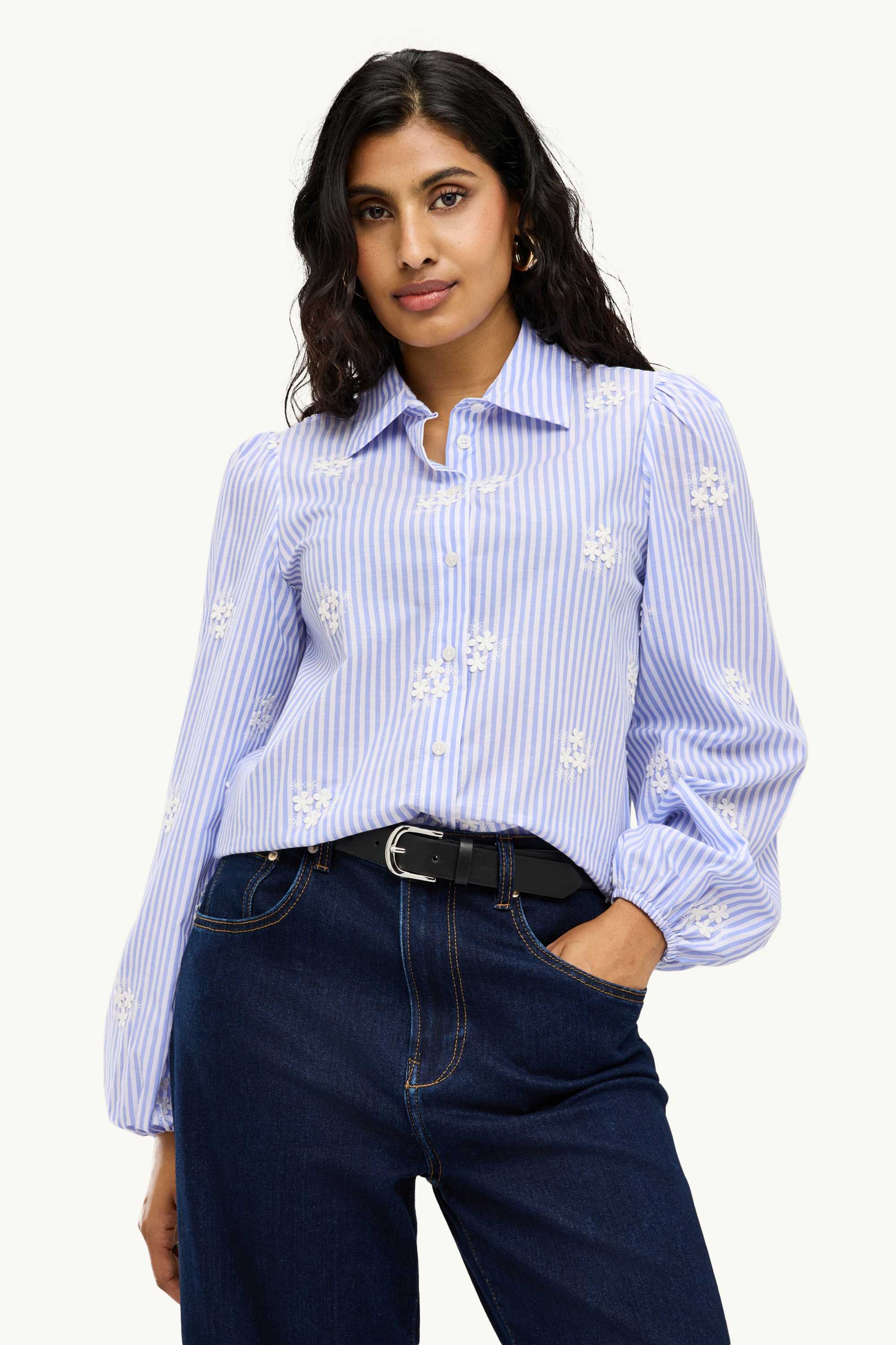 Shirt blouse - embroidered - striped - floral blue / white
