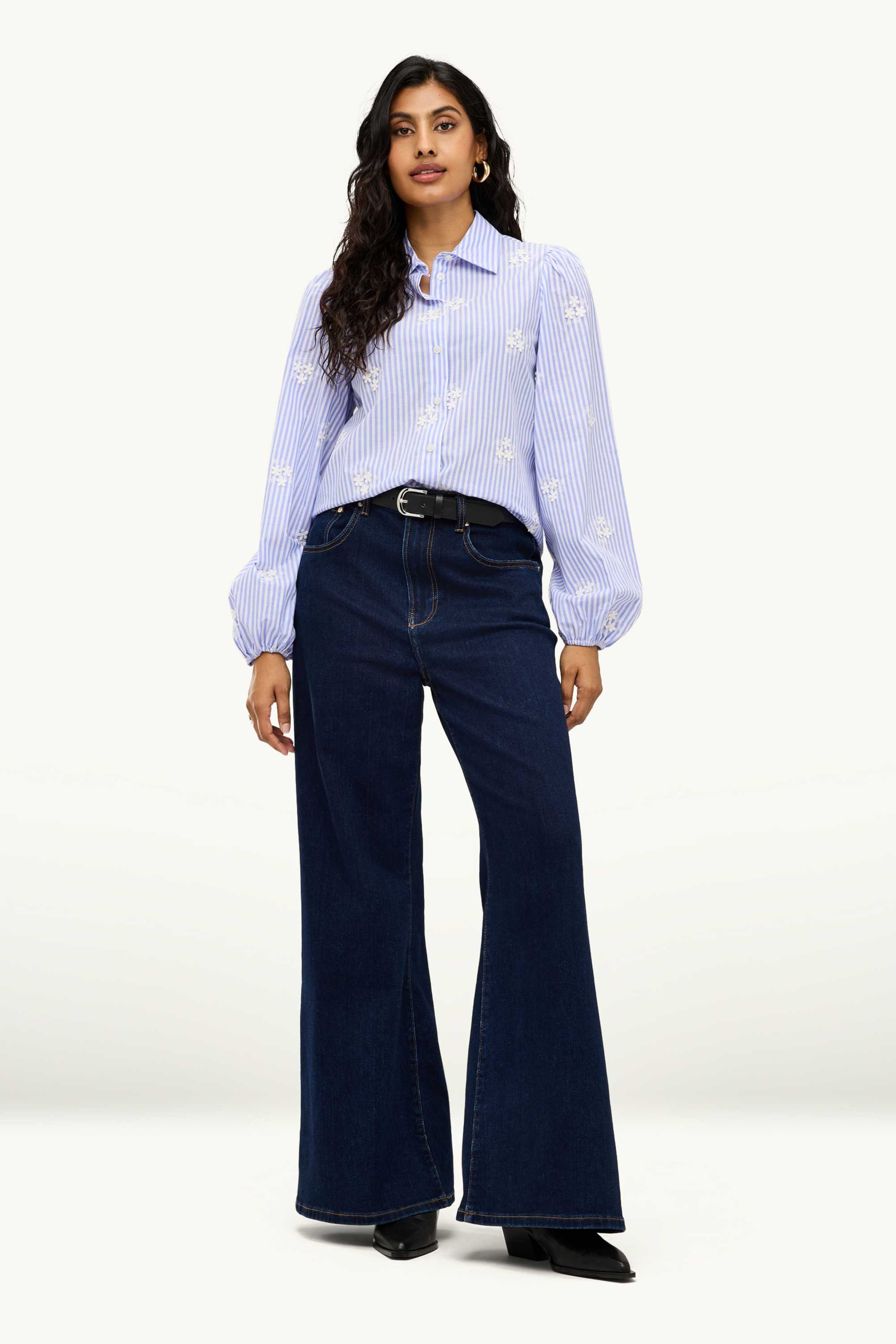 Shirt blouse - embroidered - striped - floral blue / white