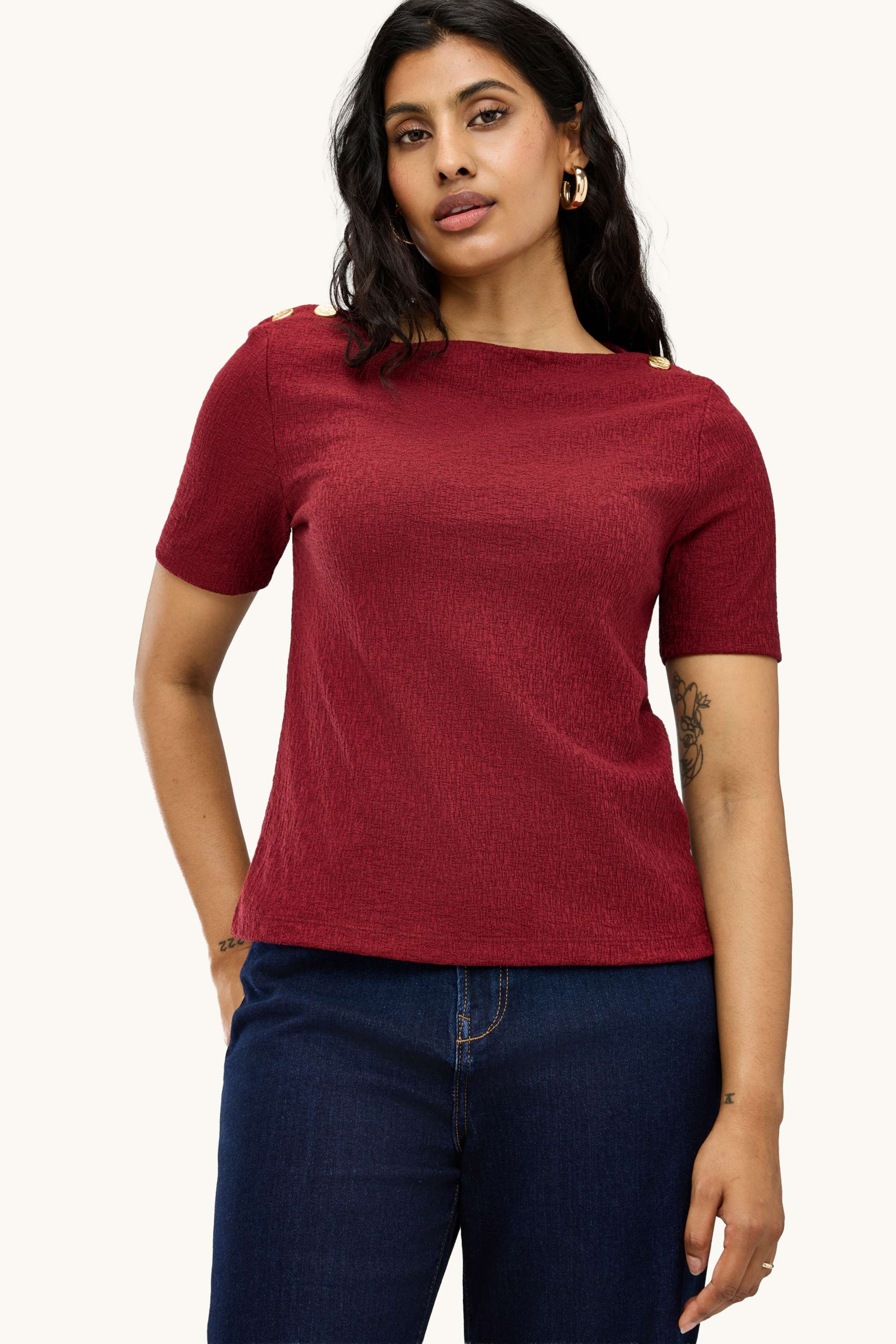 T-shirt - regular fit - smocked dark red