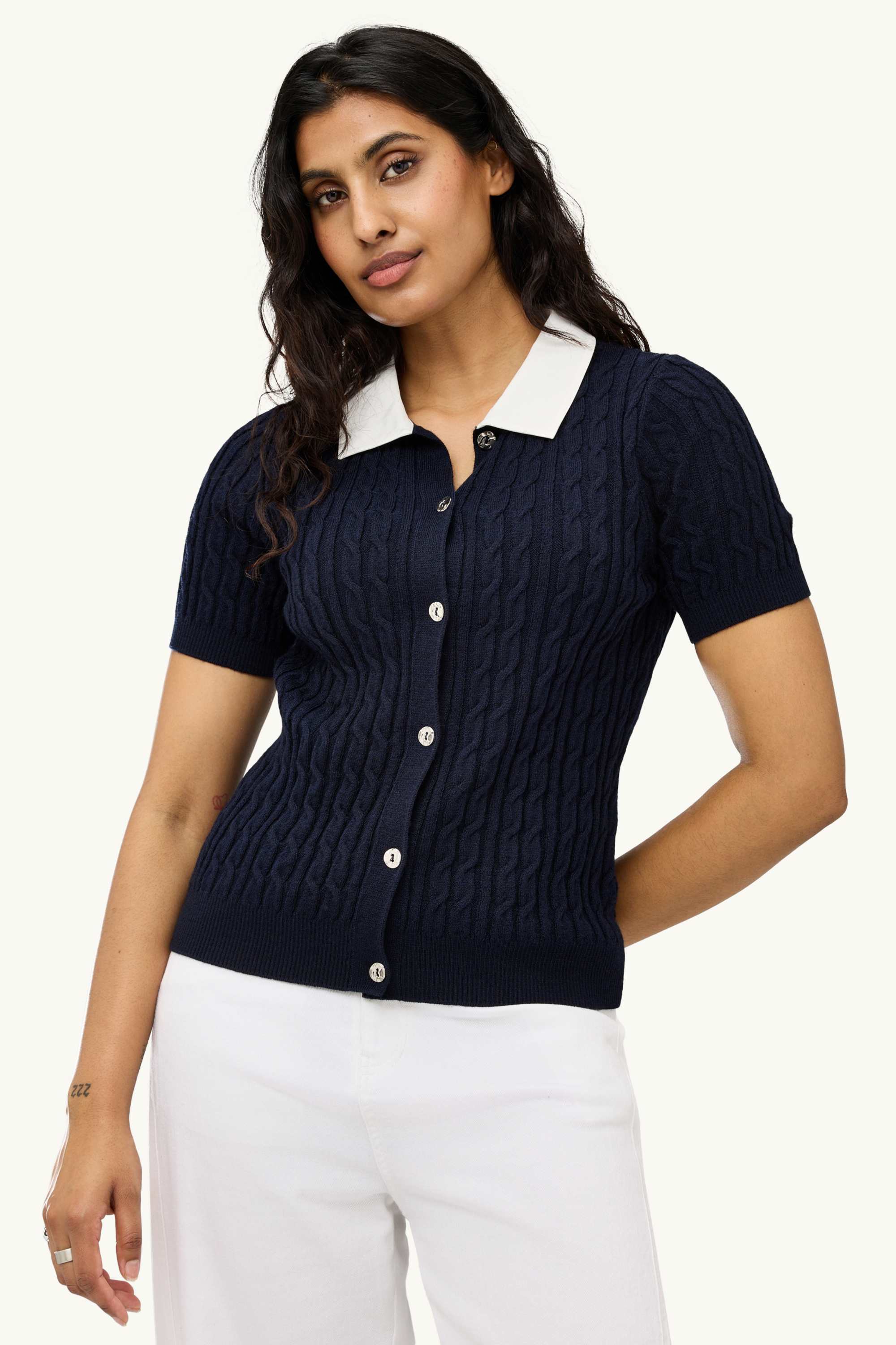 Cardigan - cable knit pattern dark blue / white