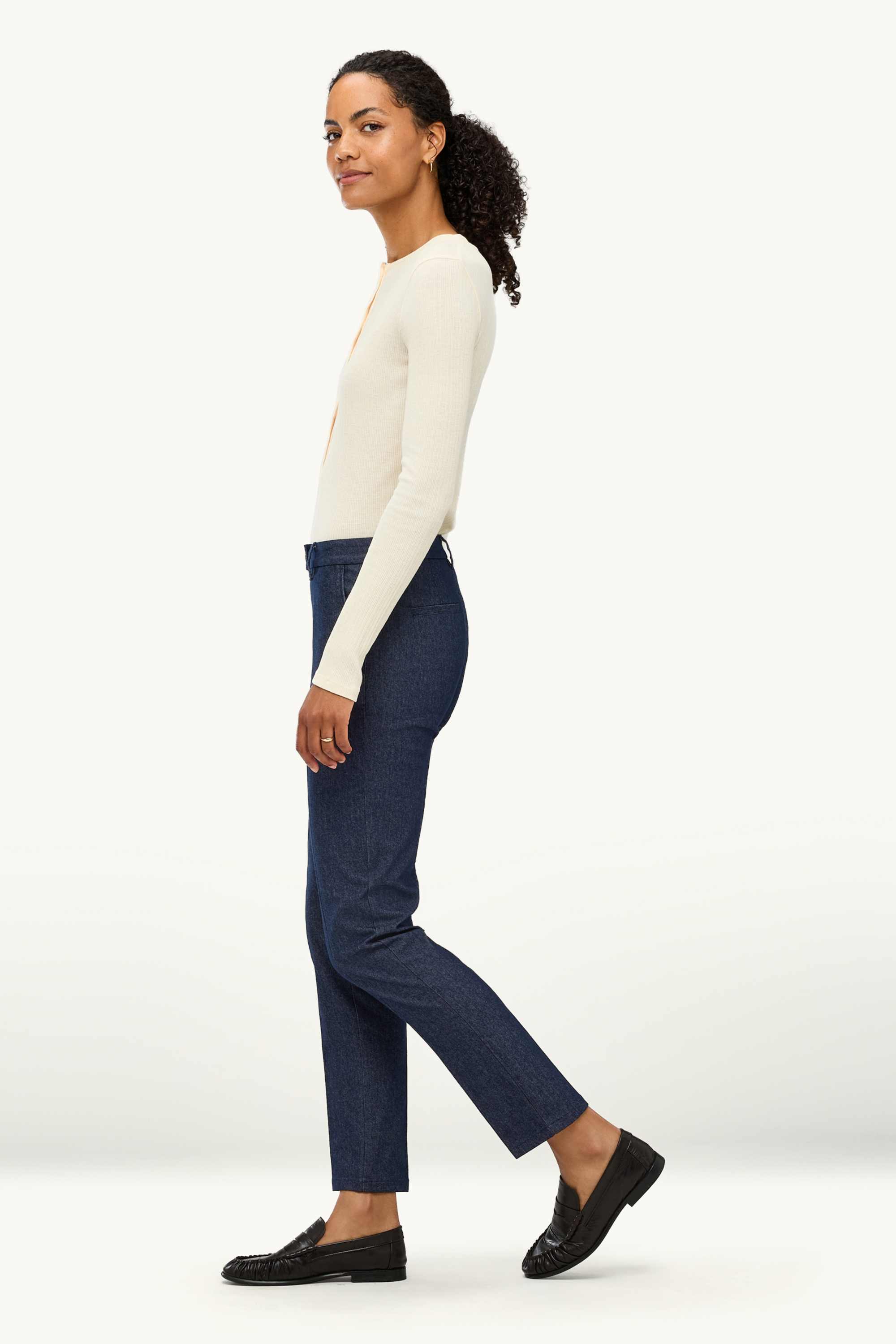 Cloth trousers - mid-rise waist - tapered leg - denim look dark blue