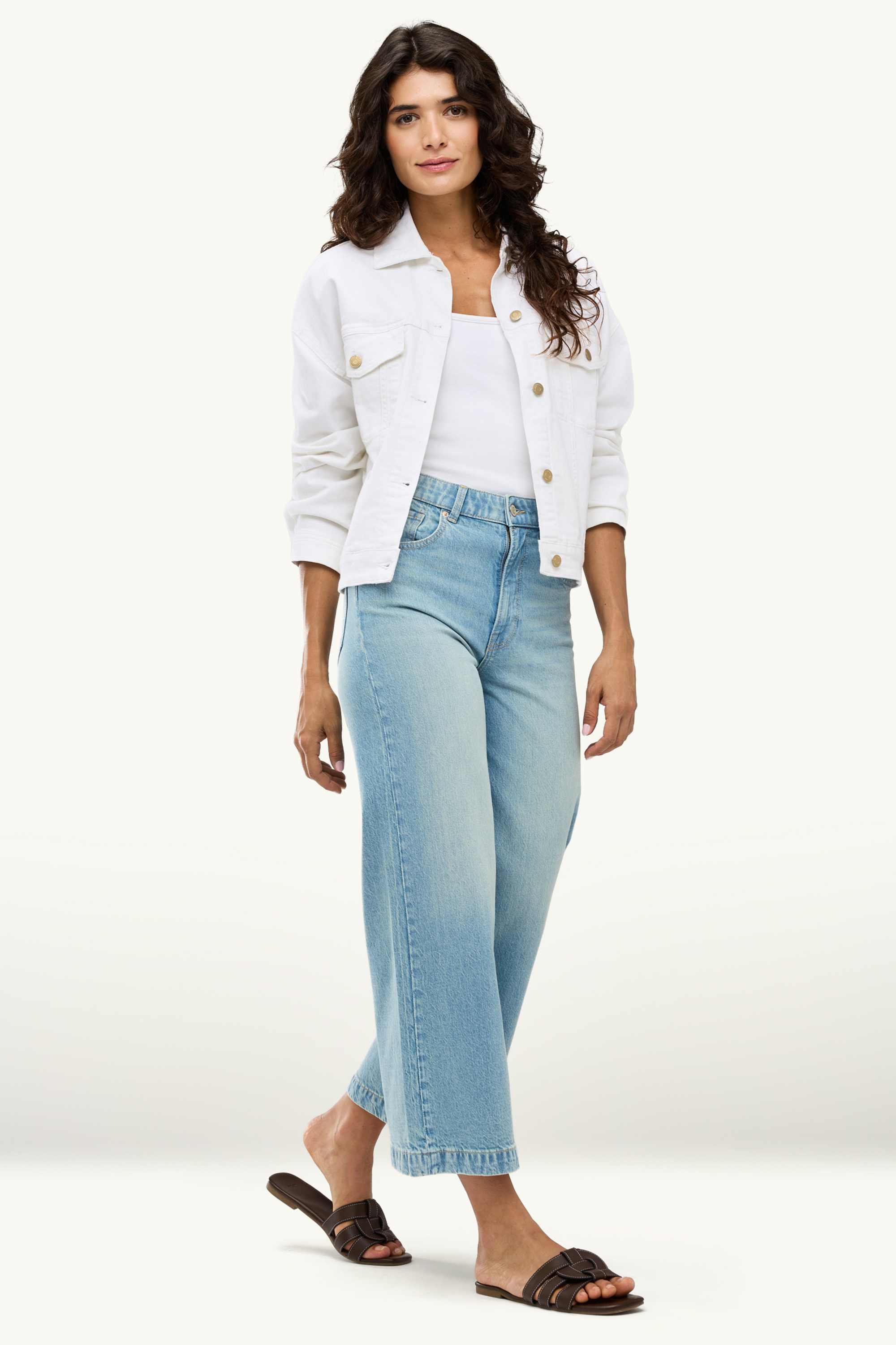 Cropped wide leg jeans - mid-rise waist denim-light blue (1)