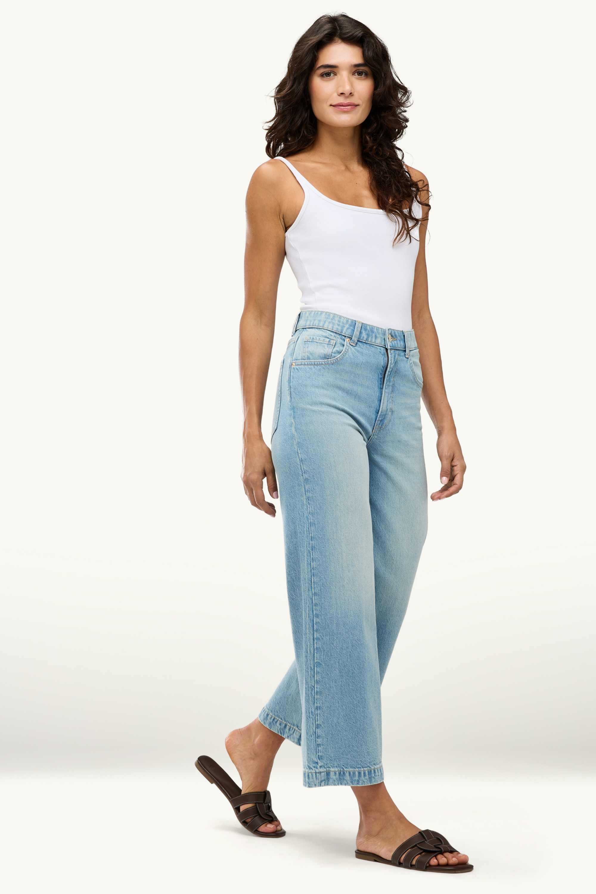 Cropped wide leg jeans - mid-rise waist denim-light blue (1)