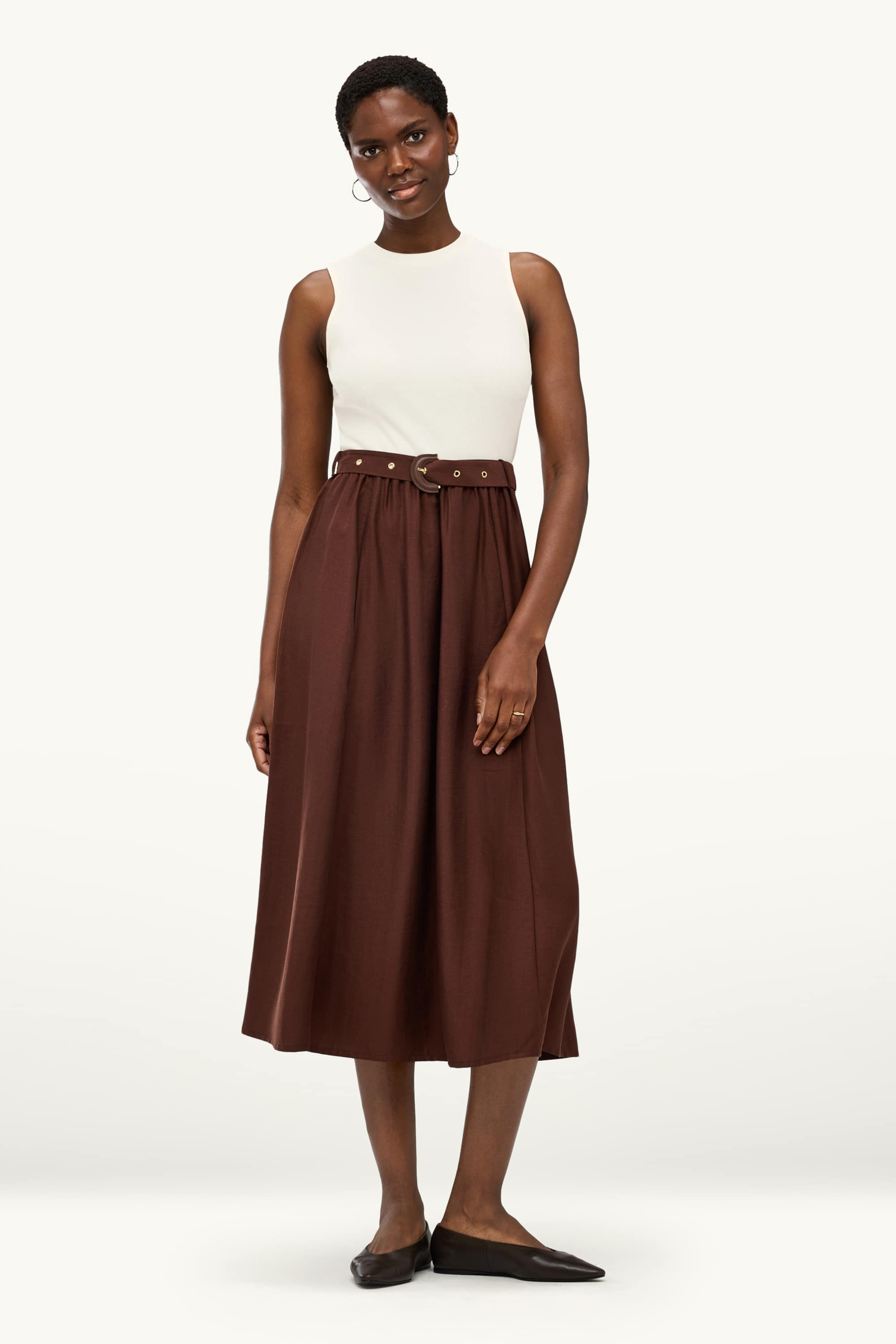 Fit & flare dress with belt brown / cremewhite